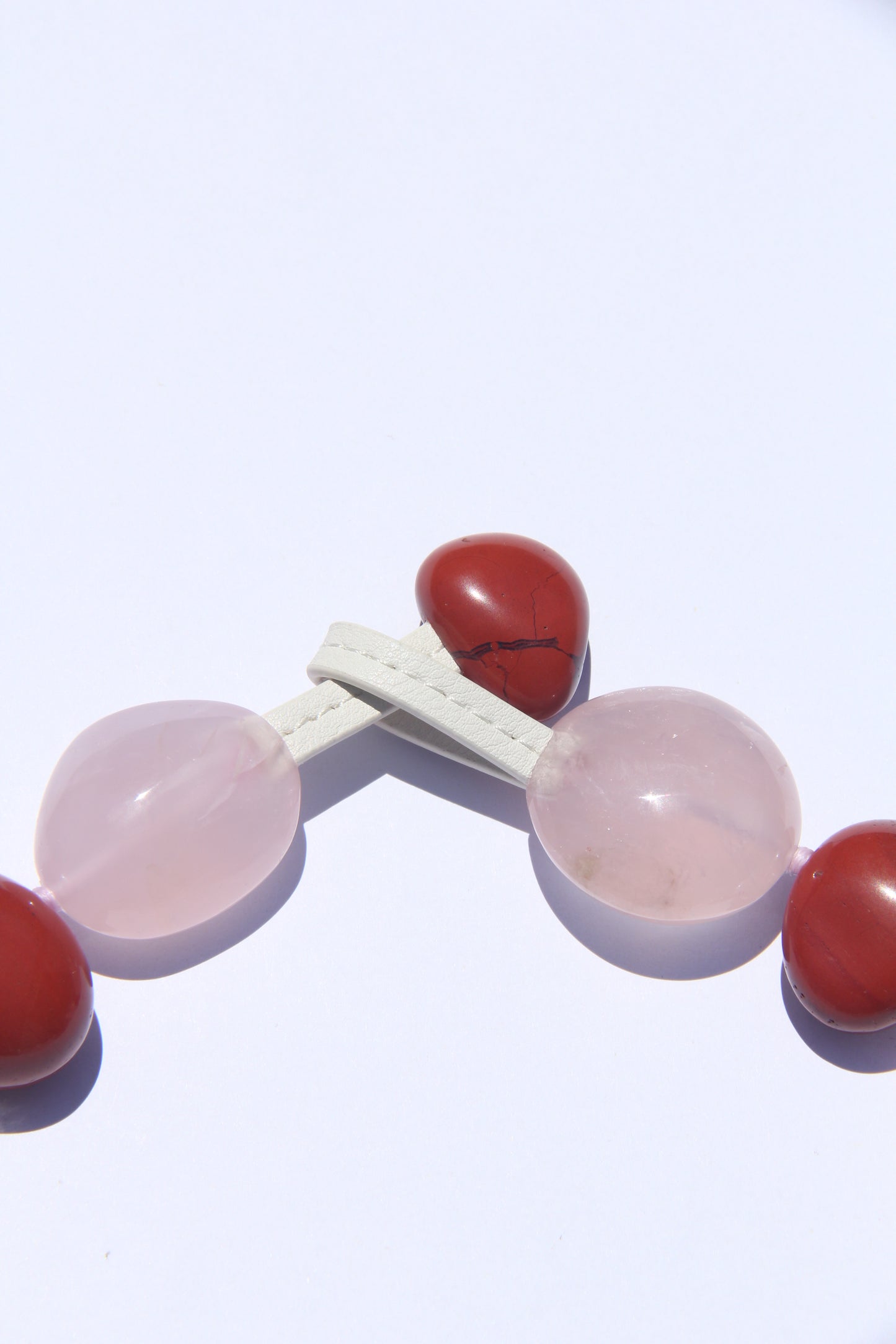 Necklace: red jasper stone, rose quartz, pearls