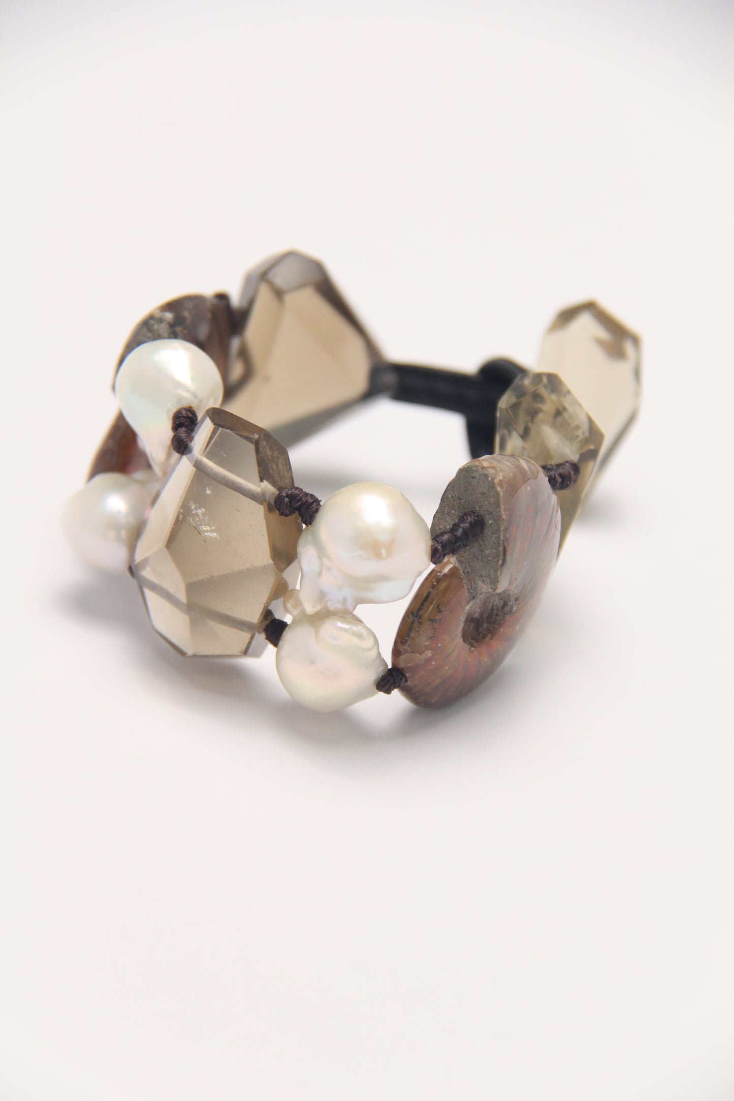 Bracelet: ammonite fossils, smoky quartz, pearls