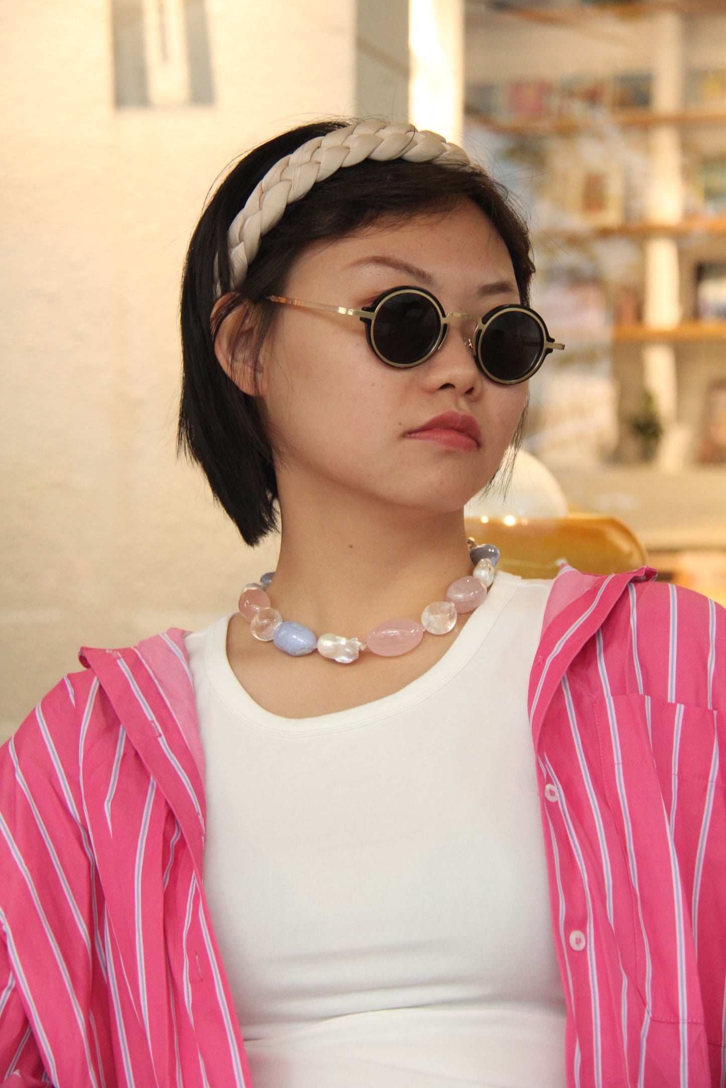 Necklace: baroque pearls, rose quartz, blue lace agate