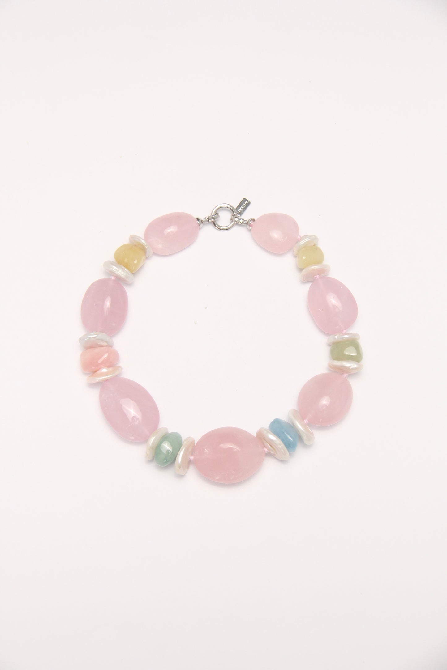Necklace: rose quartz, morganite, pearls