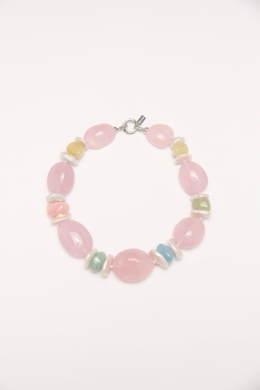 Necklace: rose quartz, morganite, pearls