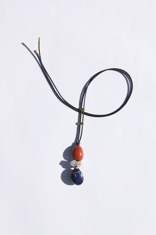 Necklace: red jasper stone, pearl, blue vein stone