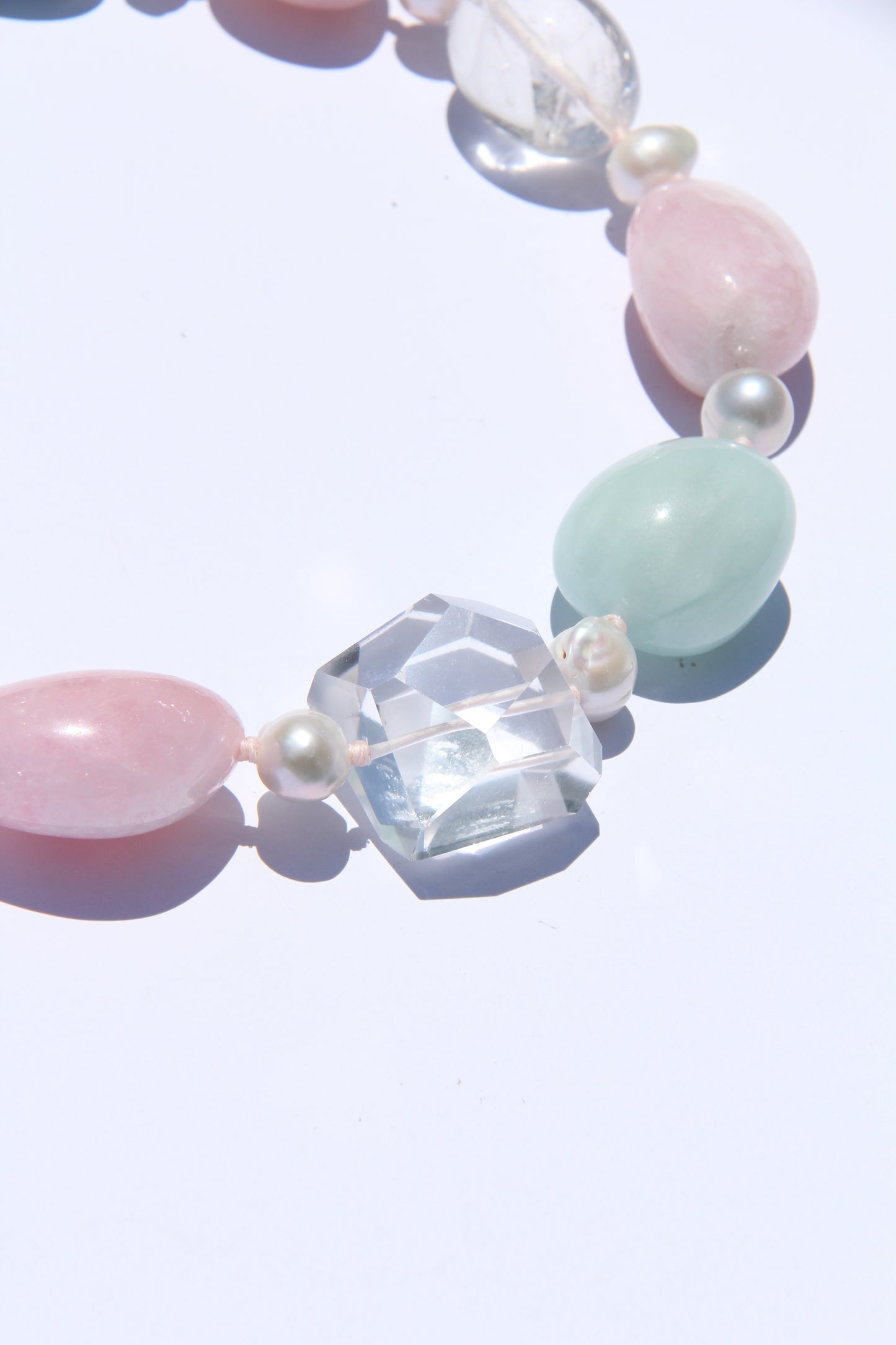 Necklace: morganite, aquamarine, quartz, pearls