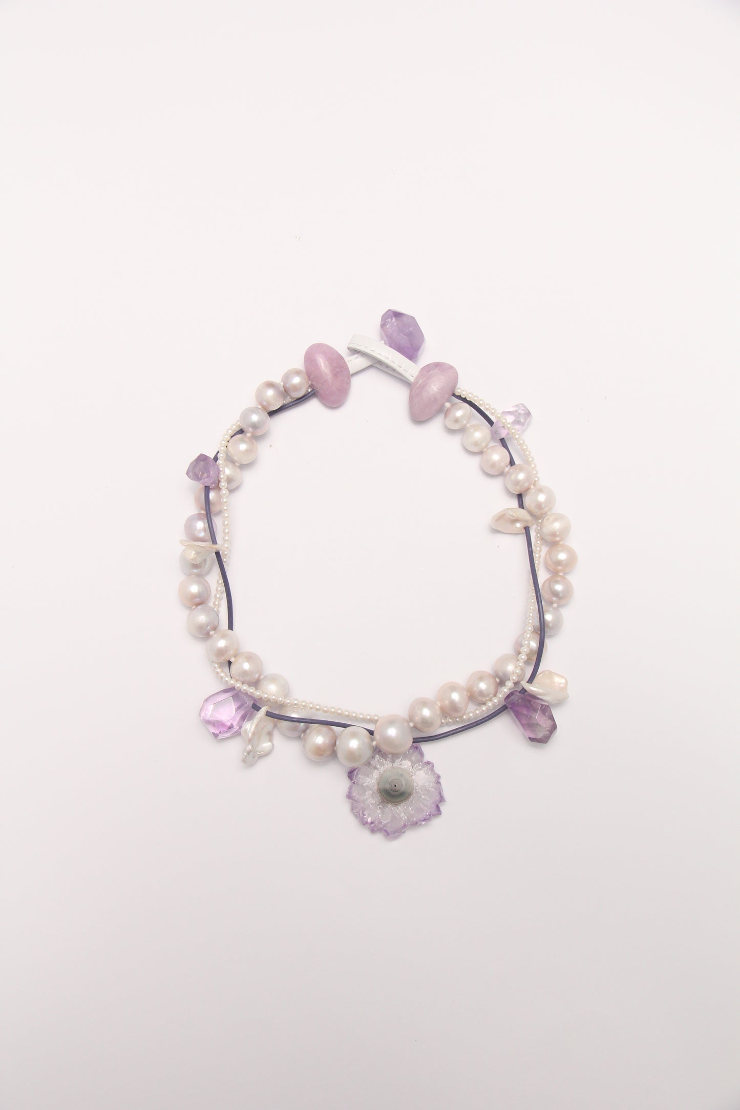 Necklace:  amethyst stalactite flower flat slice, amethyst, pearls