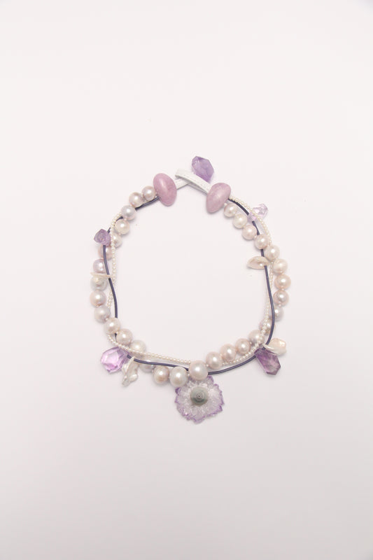 Necklace:  amethyst stalactite flower flat slice, amethyst, pearls