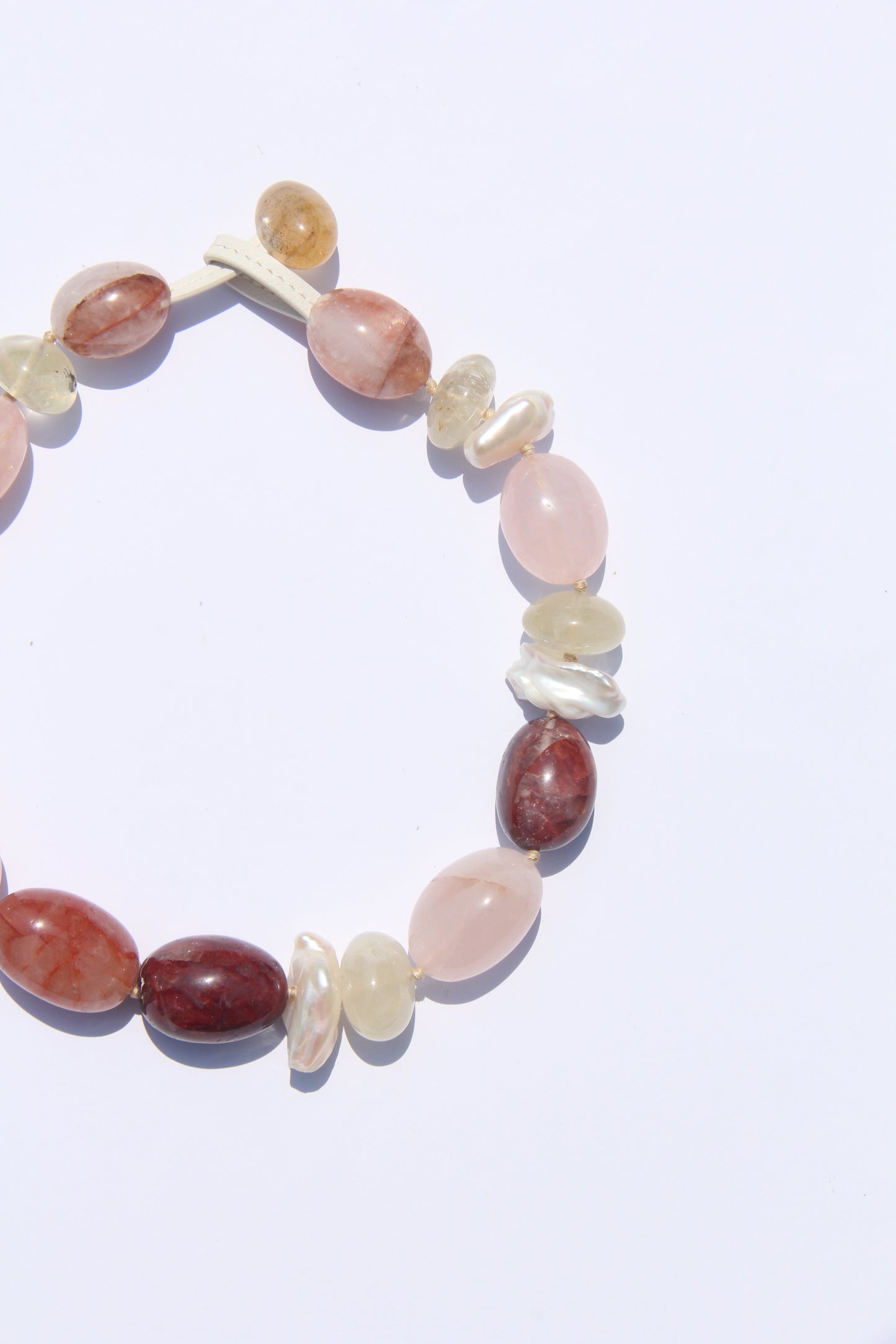 Necklace: rose quartz, pearls, citrine, hematoid quartz