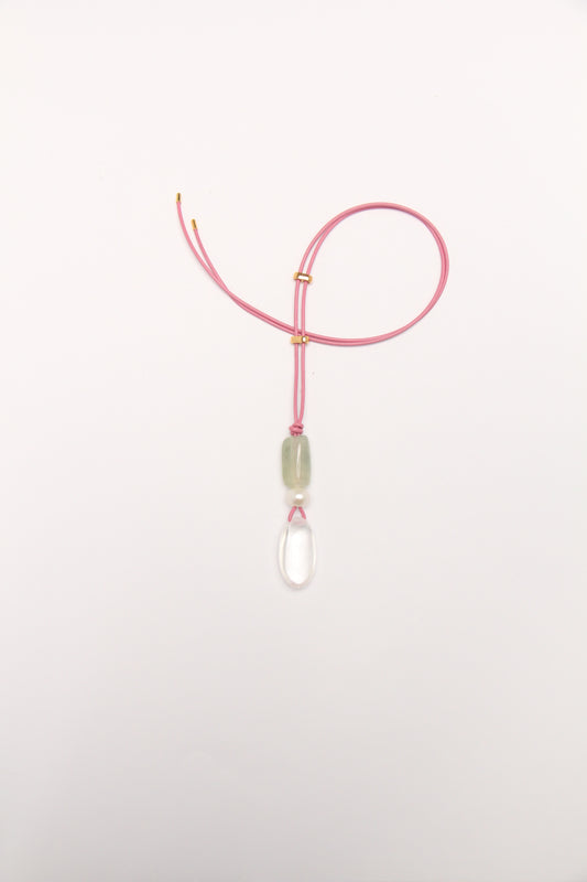 Pendant: morganite, pearl, quartz, leather