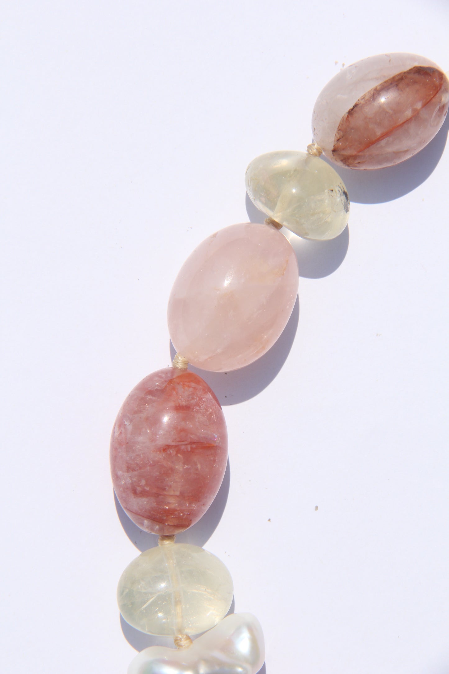 Necklace: rose quartz, pearls, citrine, hematoid quartz