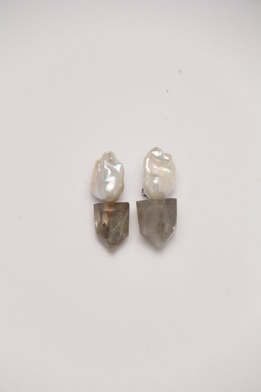 Earrings: pearls, phantom quartz