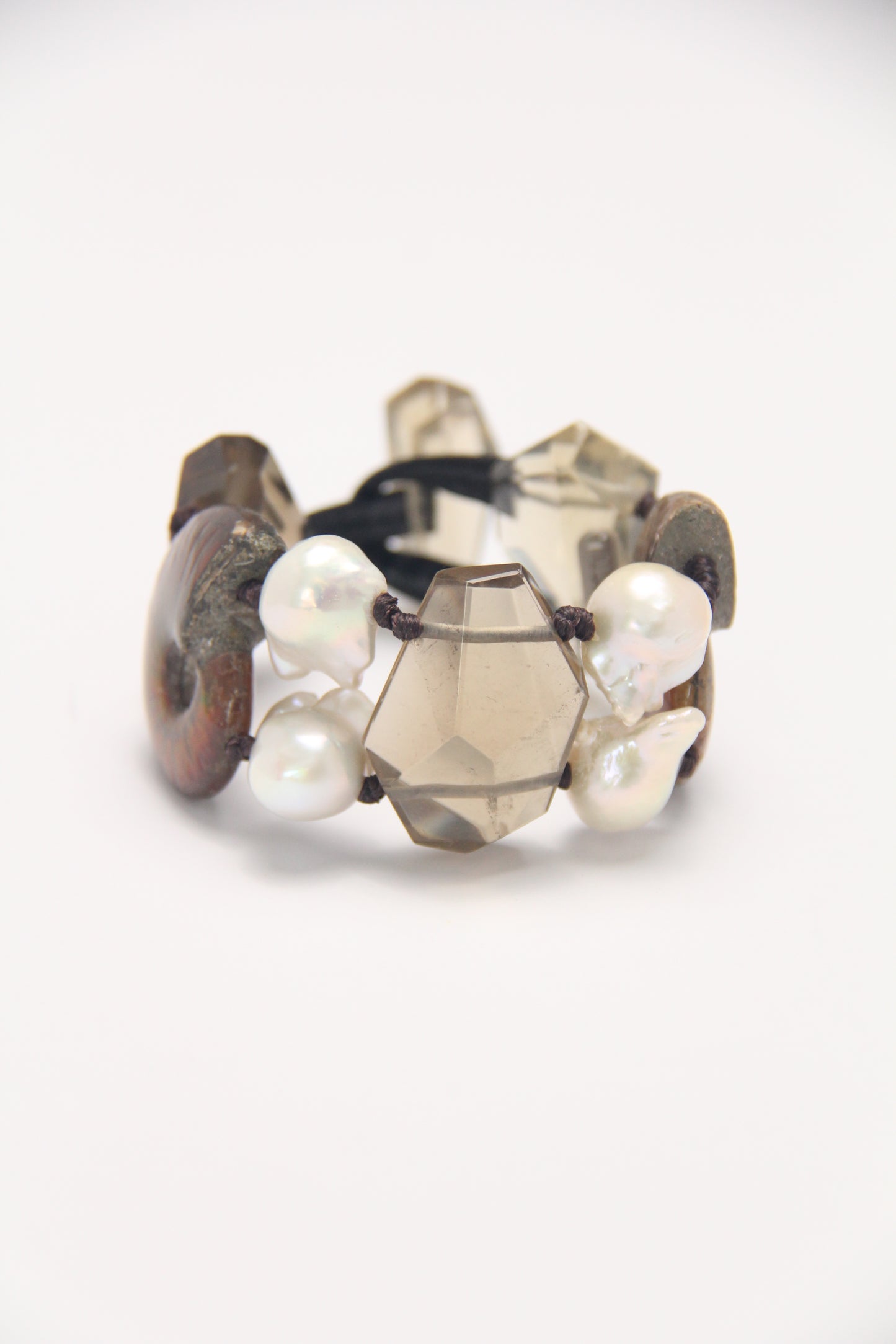 Bracelet: ammonite fossils, smoky quartz, pearls