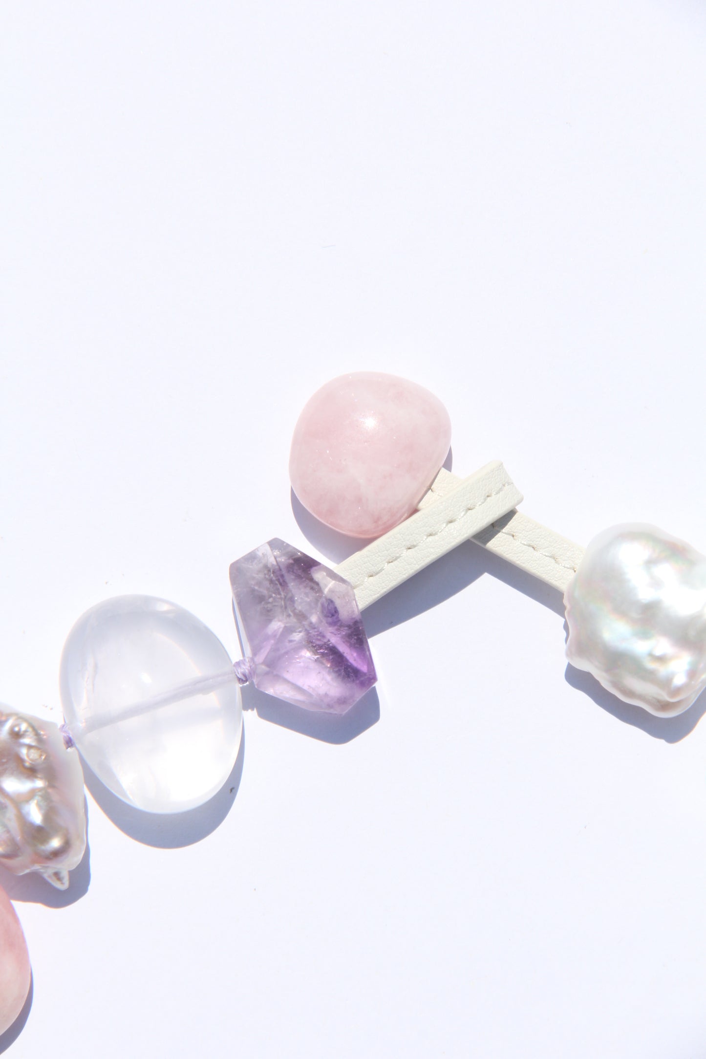 Necklace: morganite, quartz, amethyst, pearls