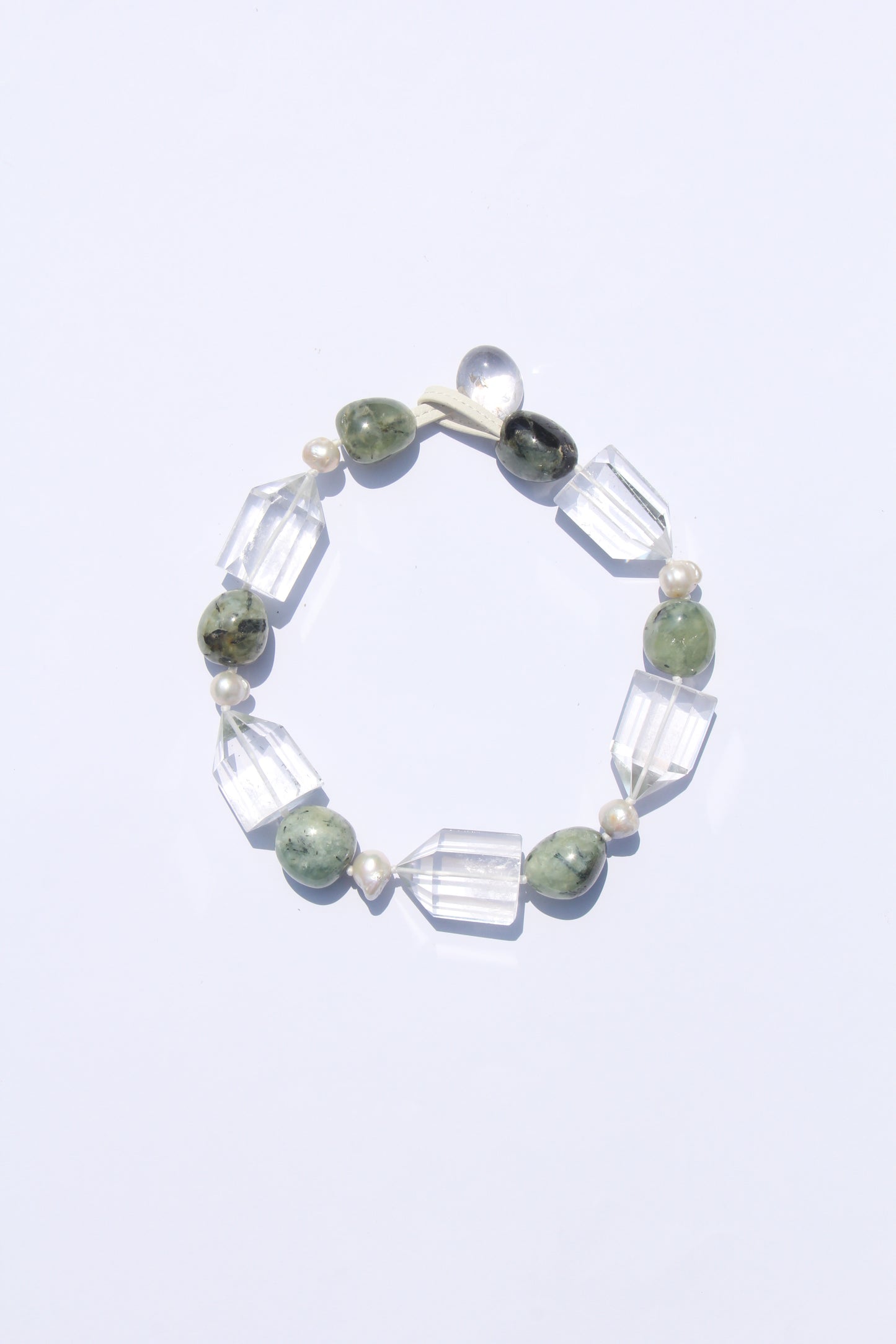 Necklace: quartz, pearl, prehnite
