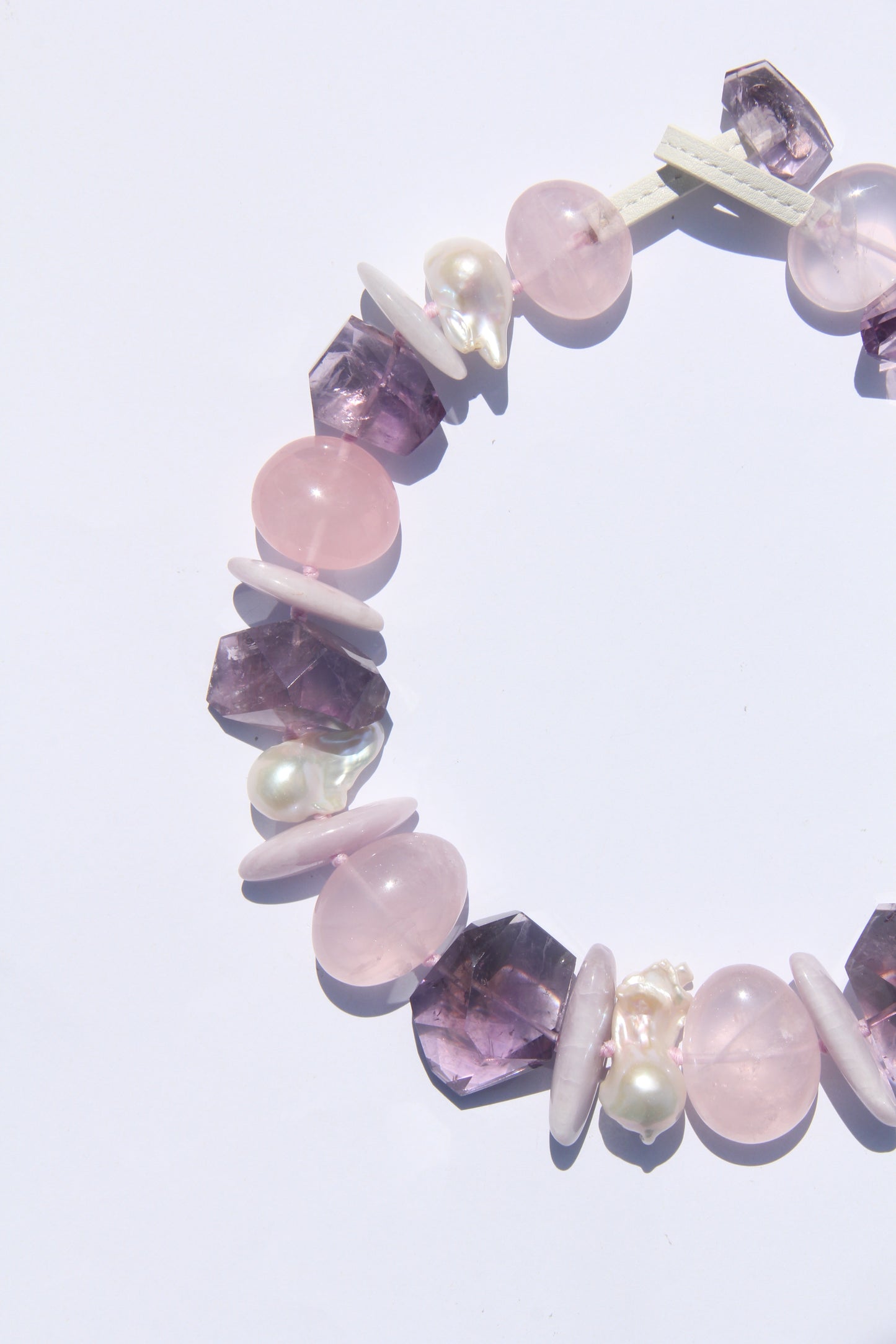 Necklace: amethyst, kunzite, rose quartz, pearls