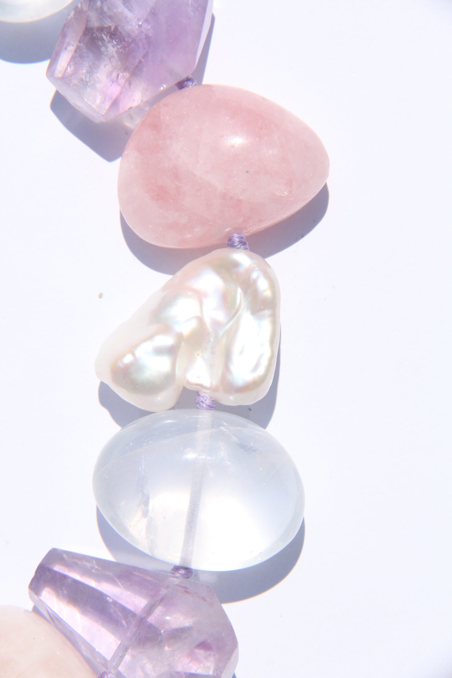 Necklace: morganite, quartz, amethyst, pearls
