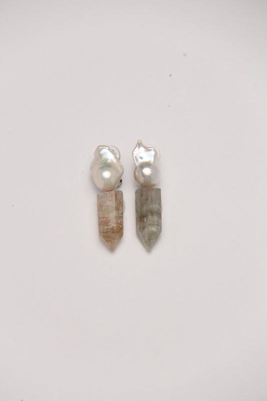 Earrings: pearls, phantom quartz