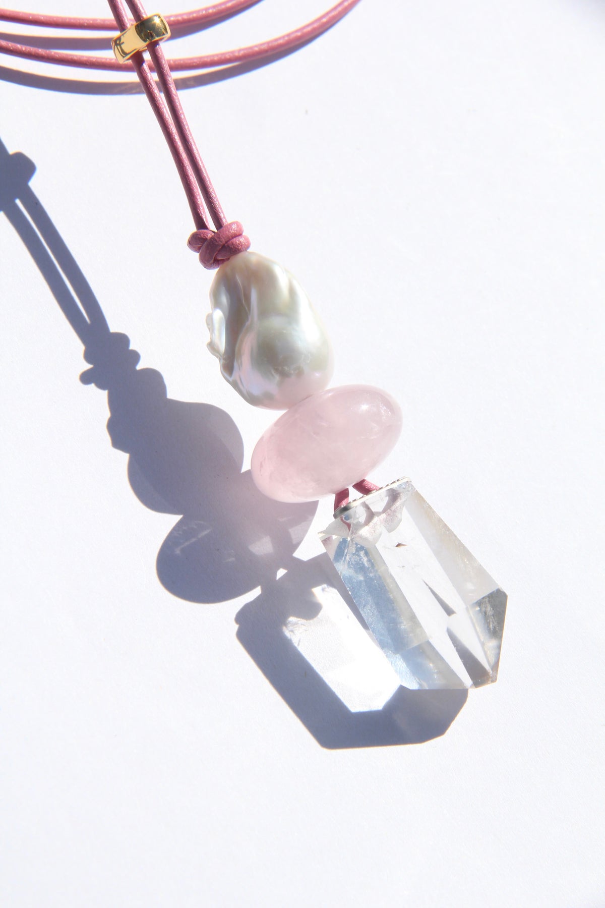 Necklace: pearl, ross quartz, quartz