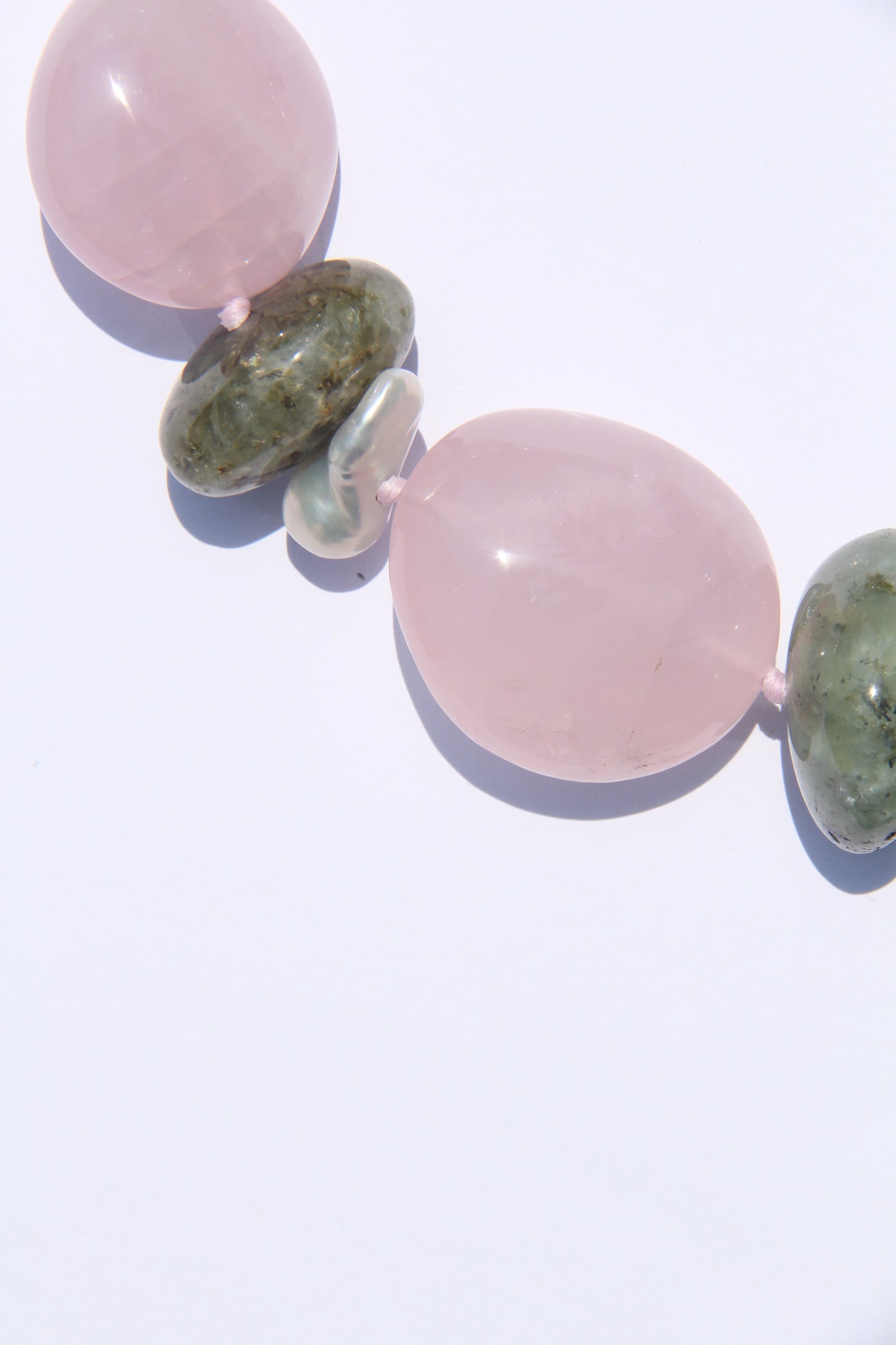 Necklace: rose quartz, pearls, prehnite