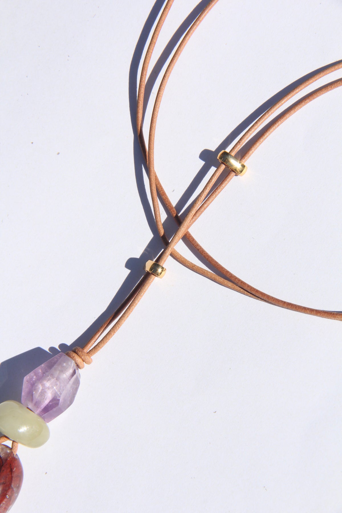 Necklace: amethyst, morganite, hematoid quartz