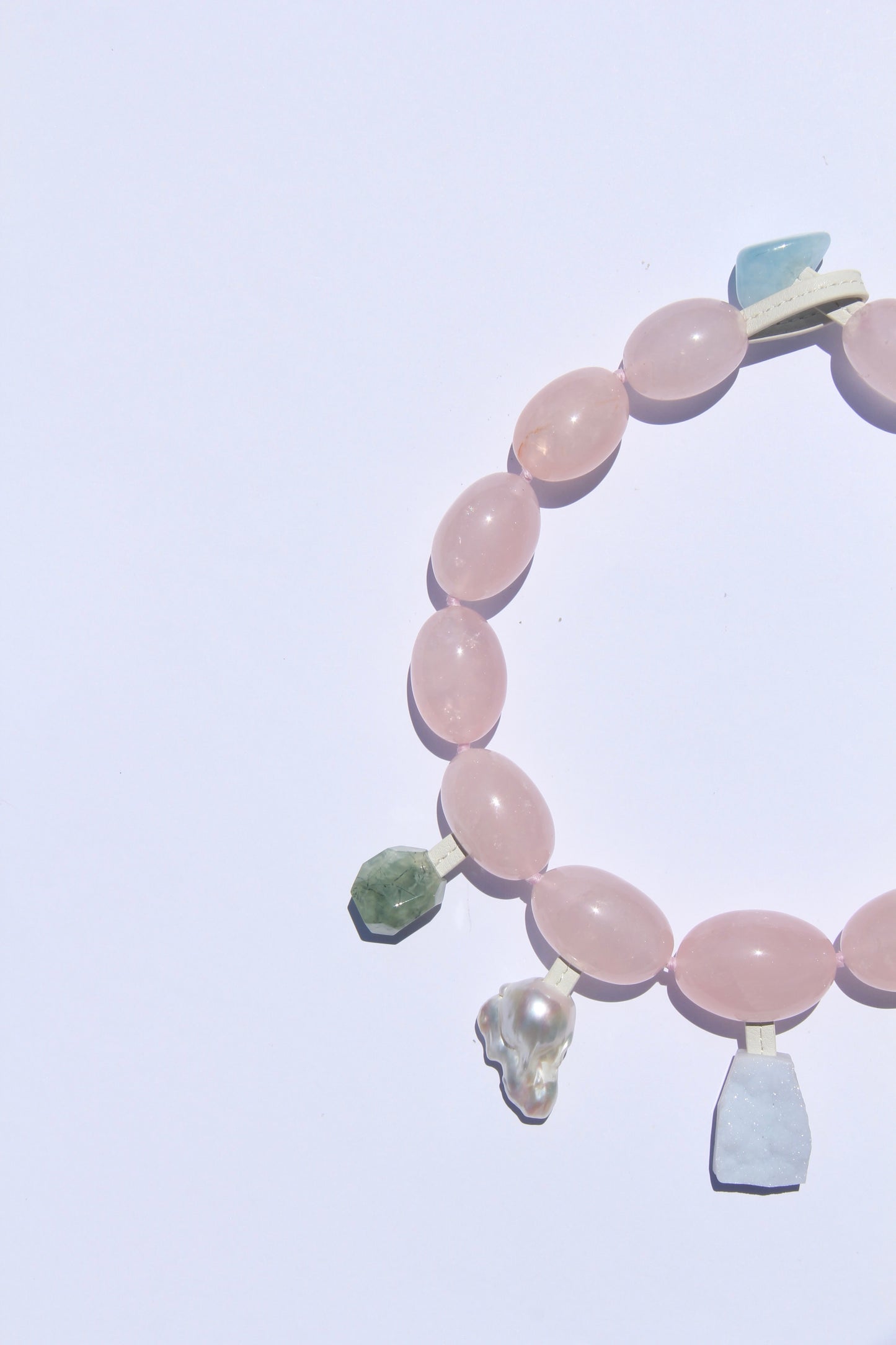 Charms: rose quartz, prehnite, pearl, blue lace agate, amethyst, morganite