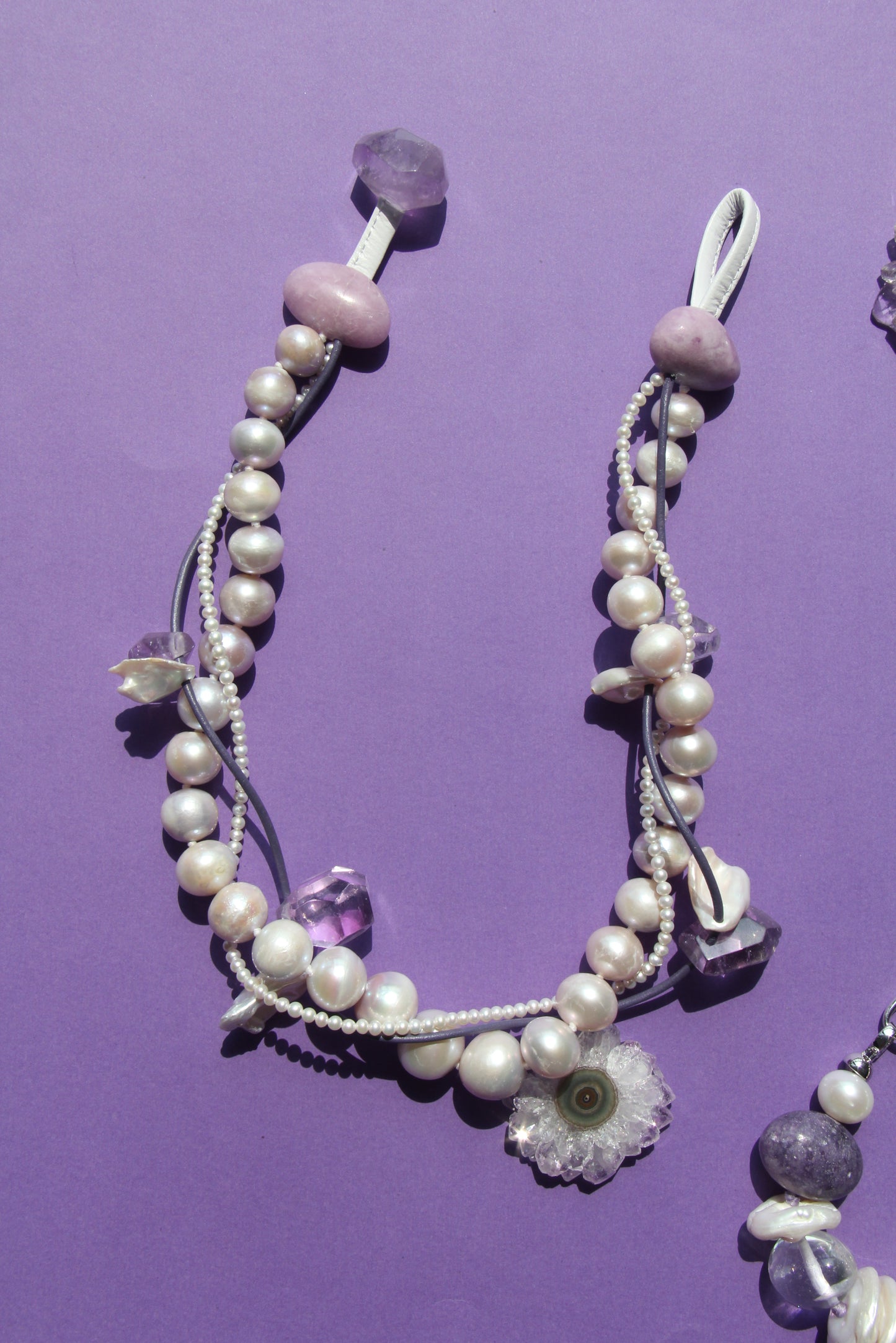 Necklace:  amethyst stalactite flower flat slice, amethyst, pearls