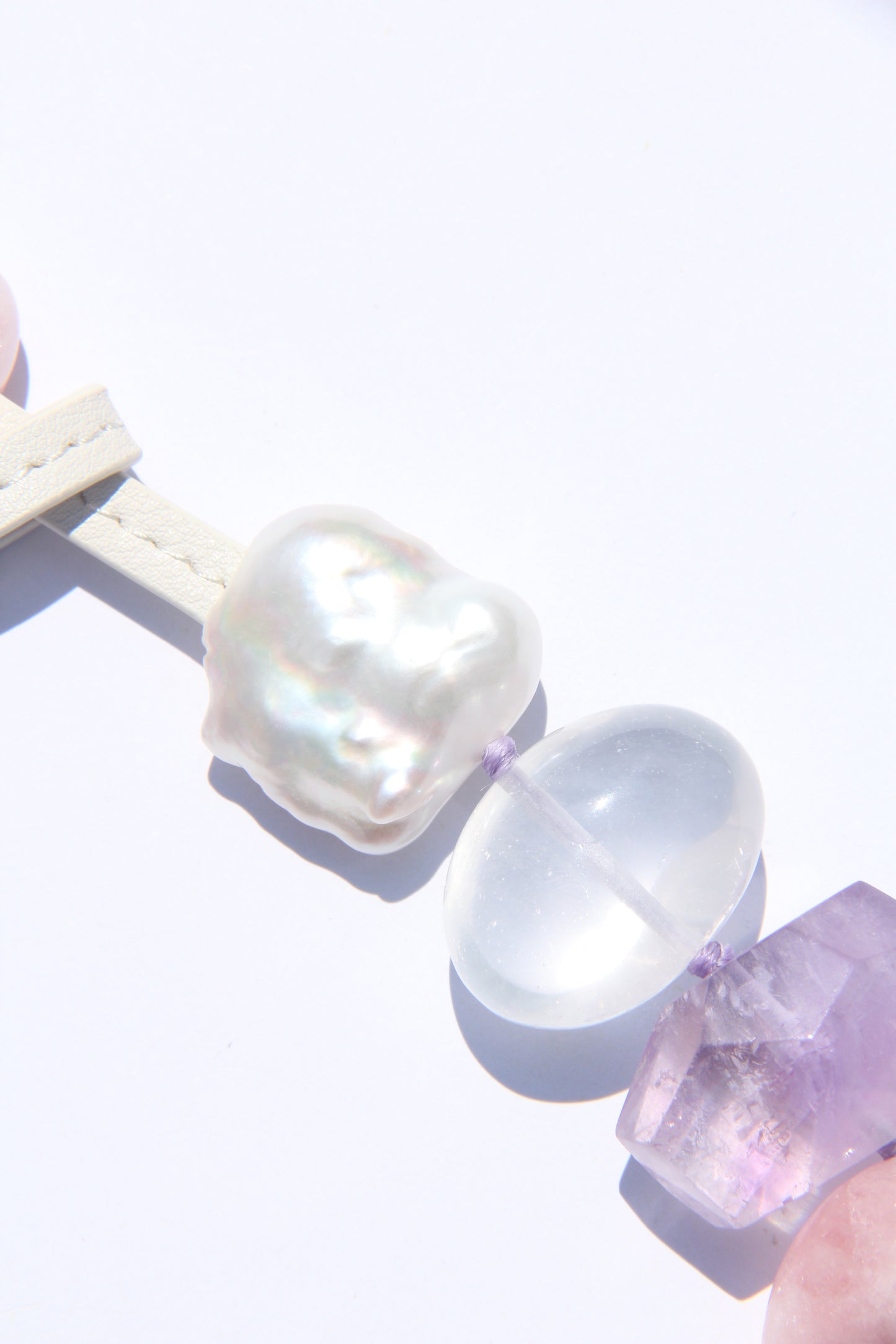 Necklace: morganite, quartz, amethyst, pearls