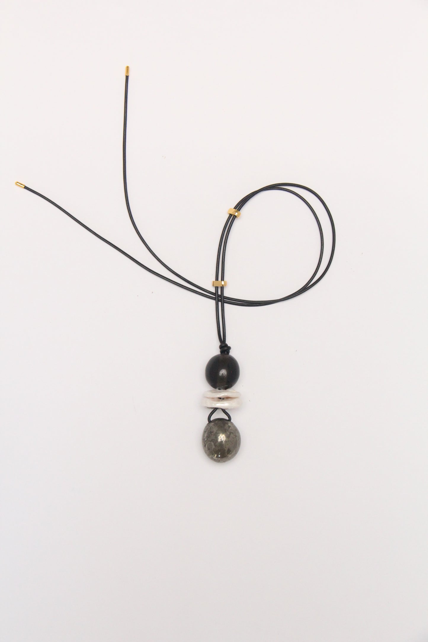 Pendant: obsidian, pearls, chalcopyrite