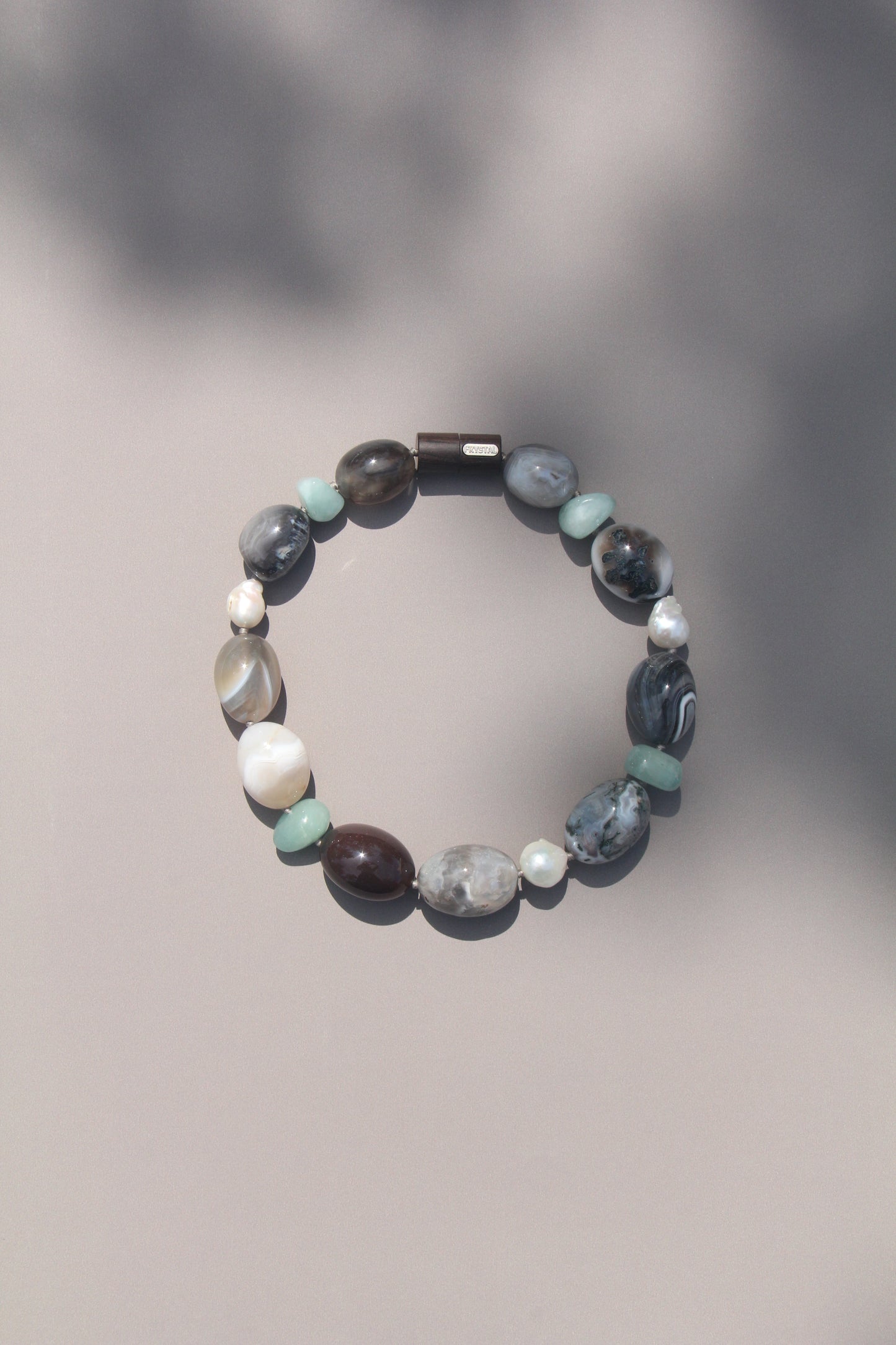 Necklace: persian agate, morganite, pearls