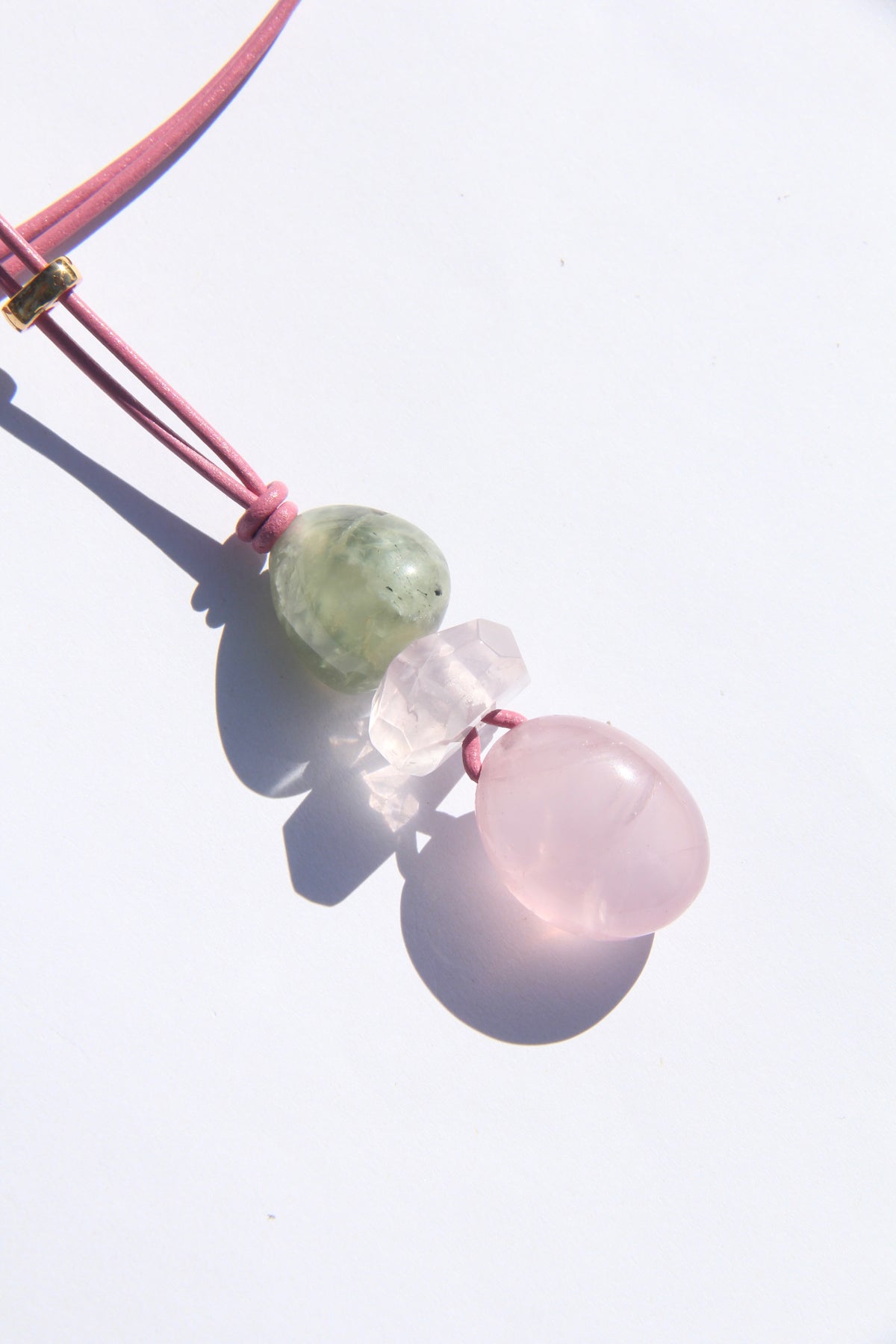 Necklace: prehnite, rose quartz