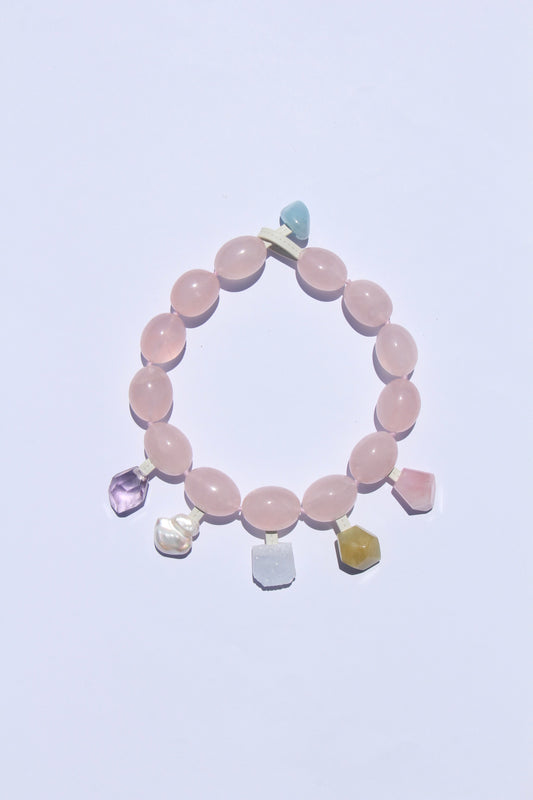 Charms: rose quartz, amethyst, morganite, pearl, blue lace agate
