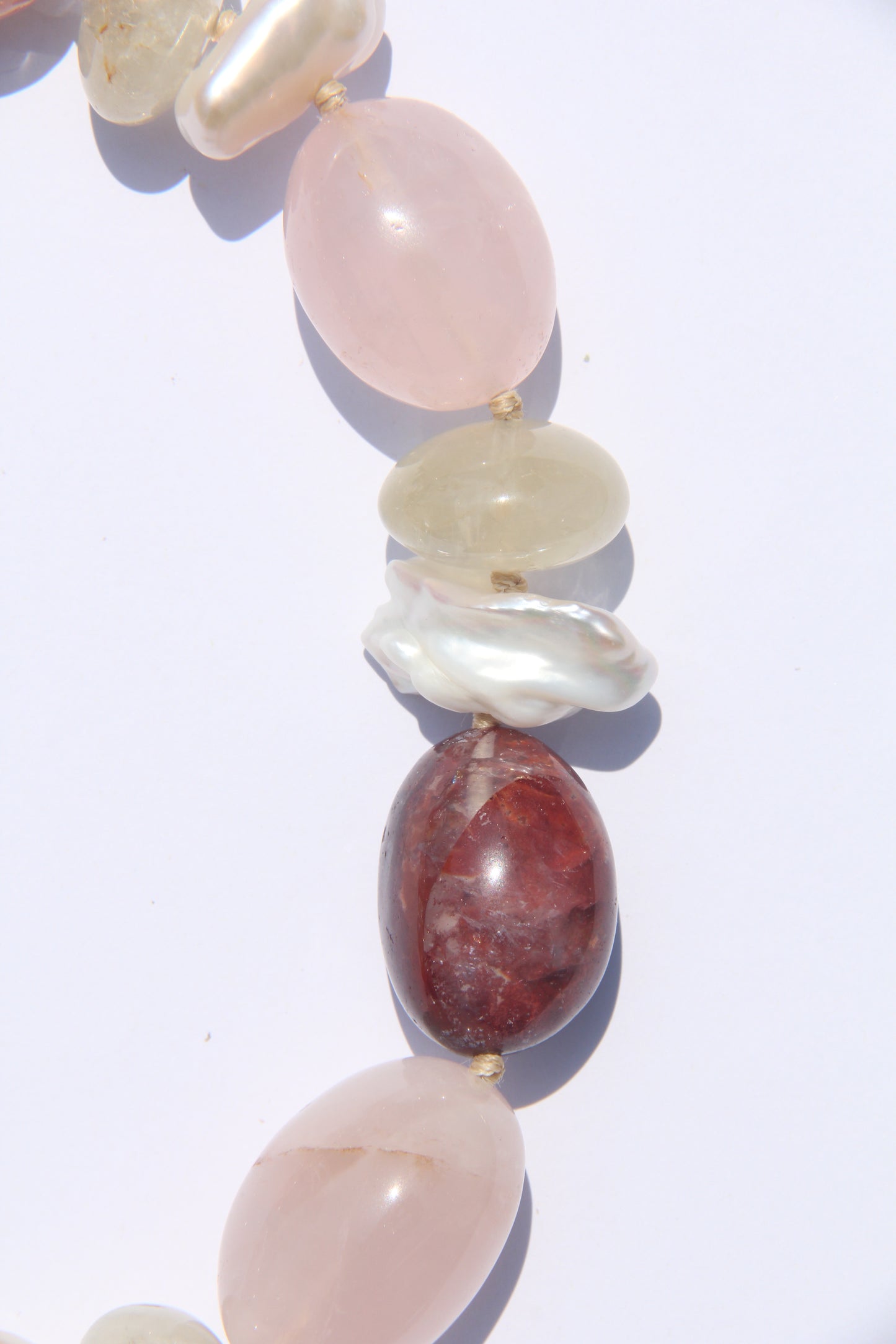 Necklace: rose quartz, pearls, citrine, hematoid quartz