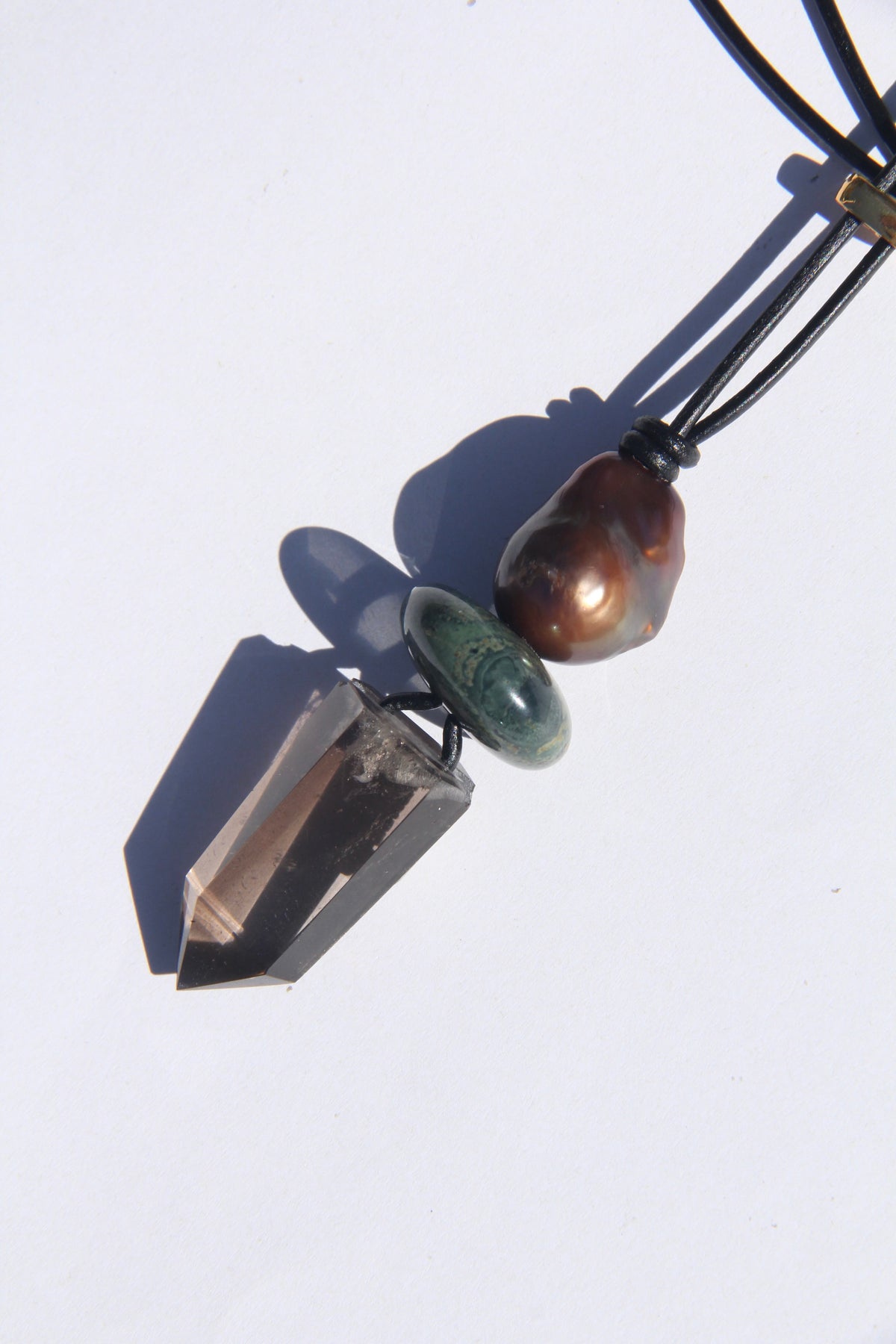 Necklace: pearl, crocodile jasper, smoky quartz