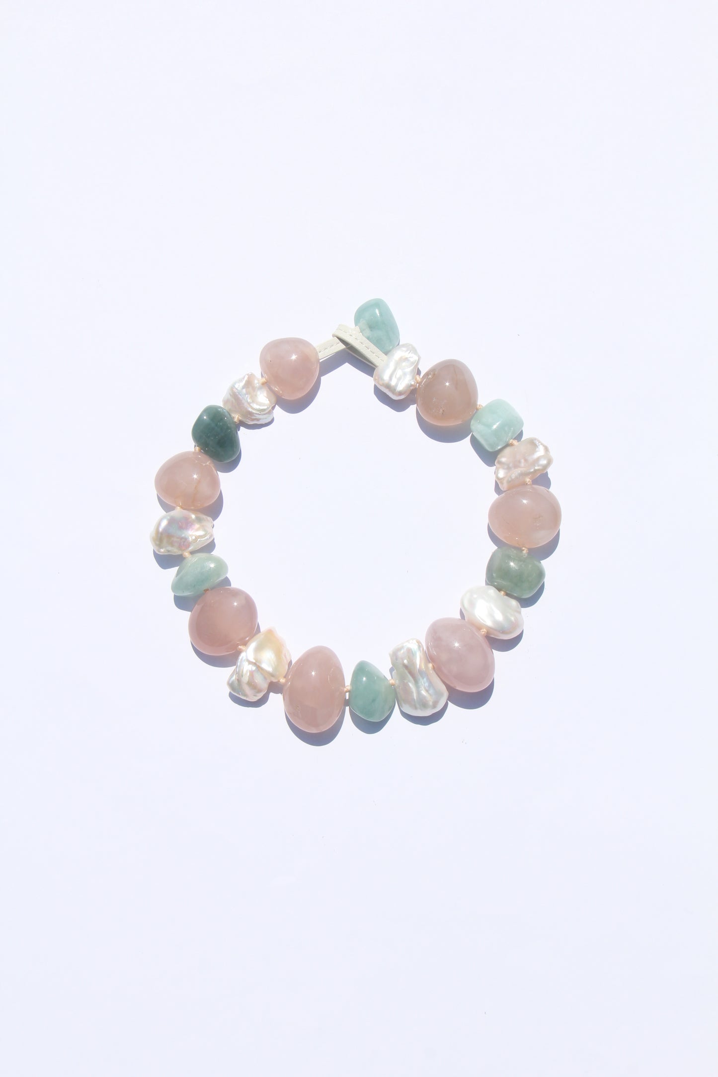 Necklace: morganite, rose agate, pearls