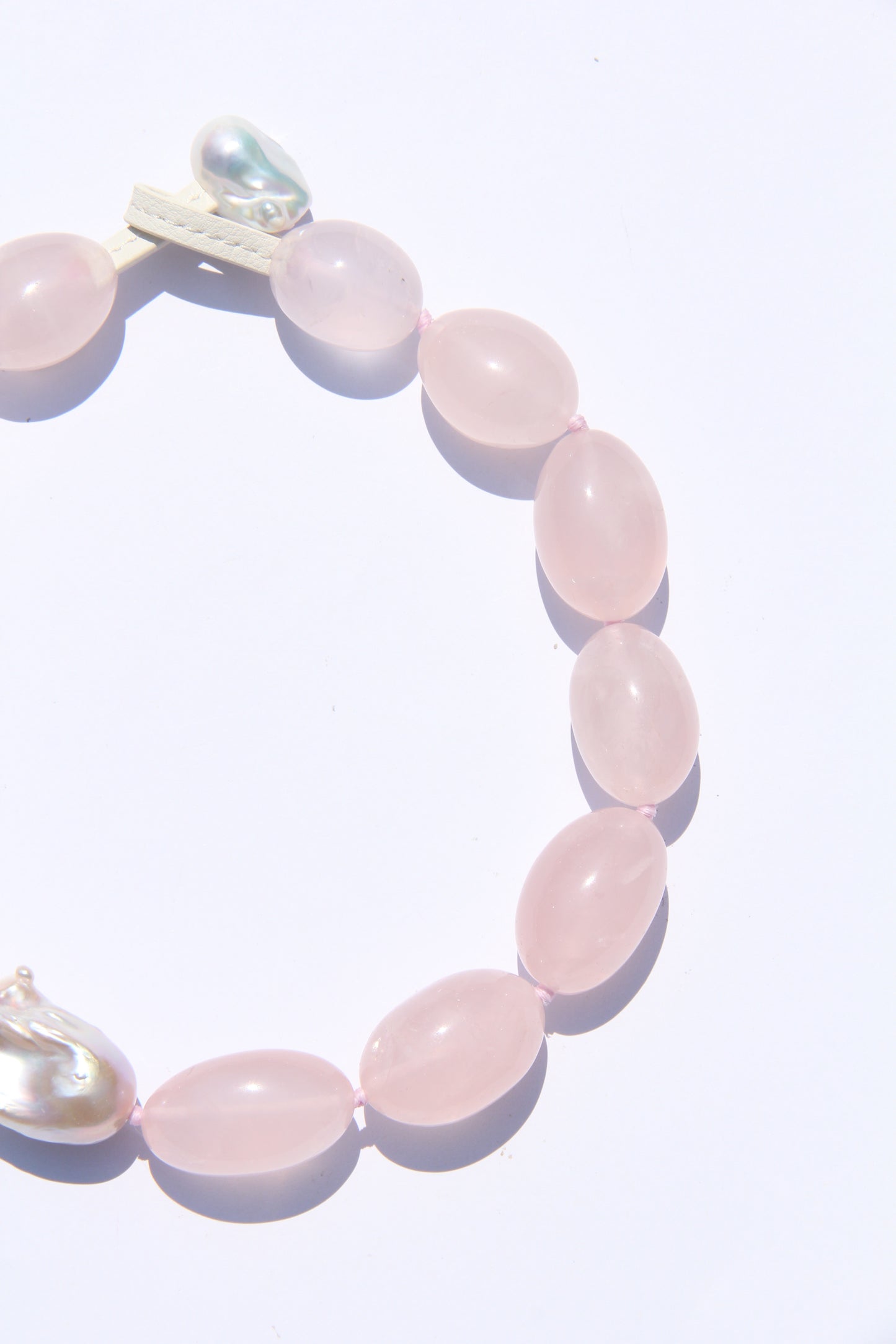 Necklace: rose quartz, pearls