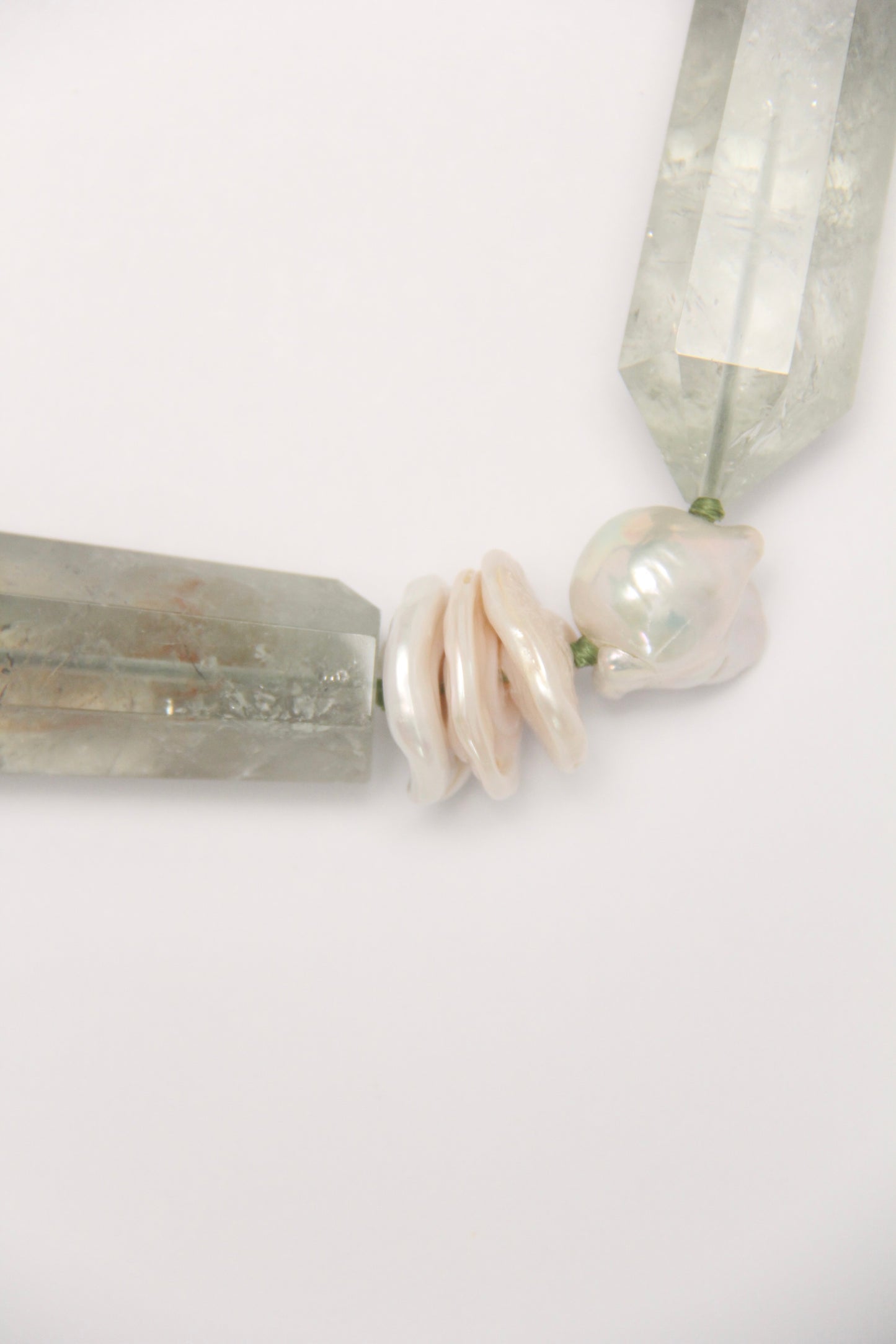 Necklace: prasem quartz, pearls