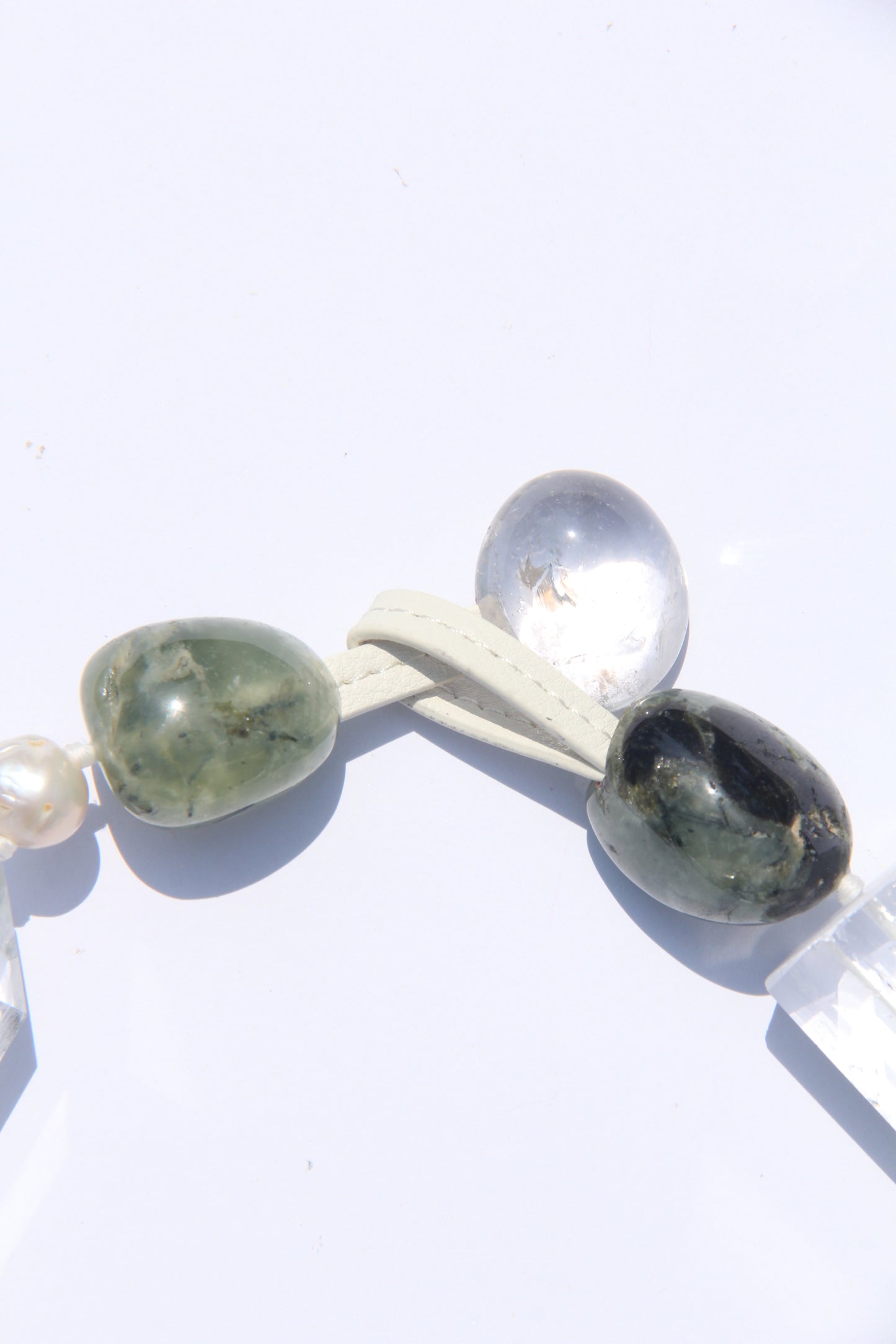 Necklace: quartz, pearl, prehnite