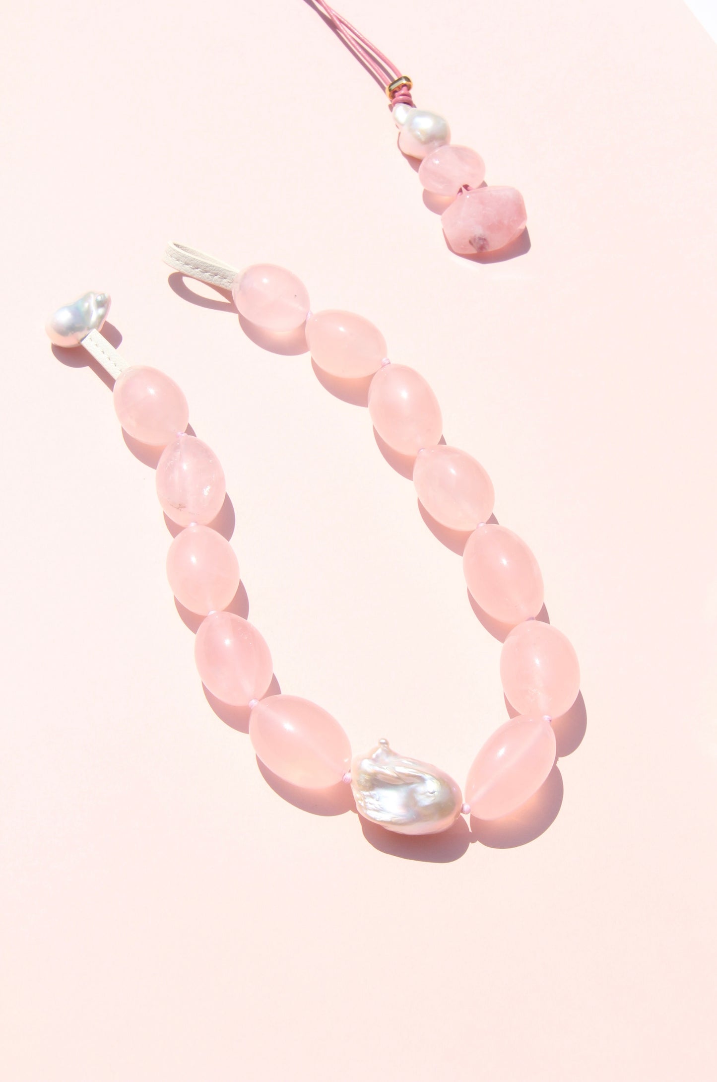 Necklace: rose quartz, pearls
