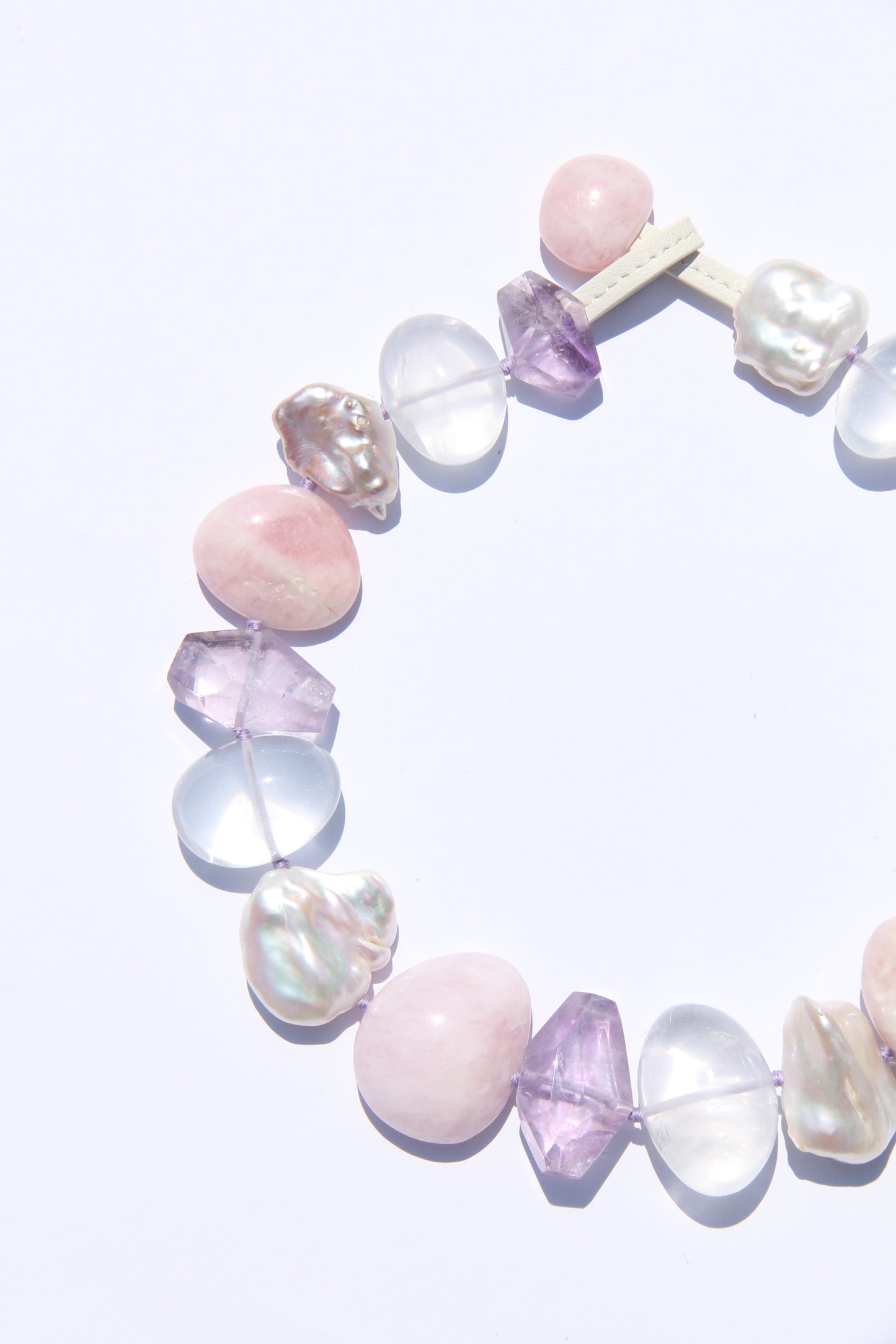 Necklace: morganite, quartz, amethyst, pearls