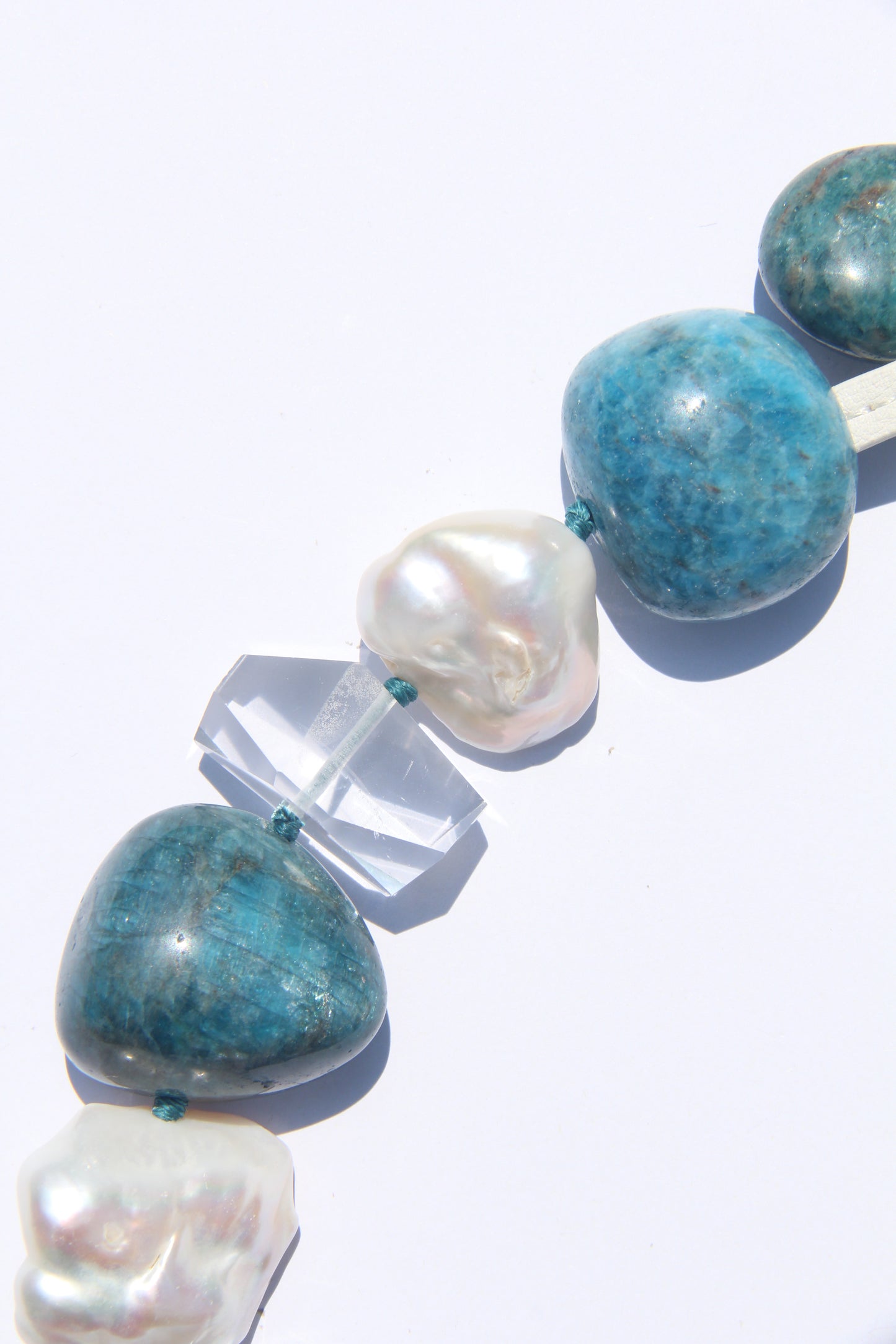 Necklace: blue apatite, quartz, pearls