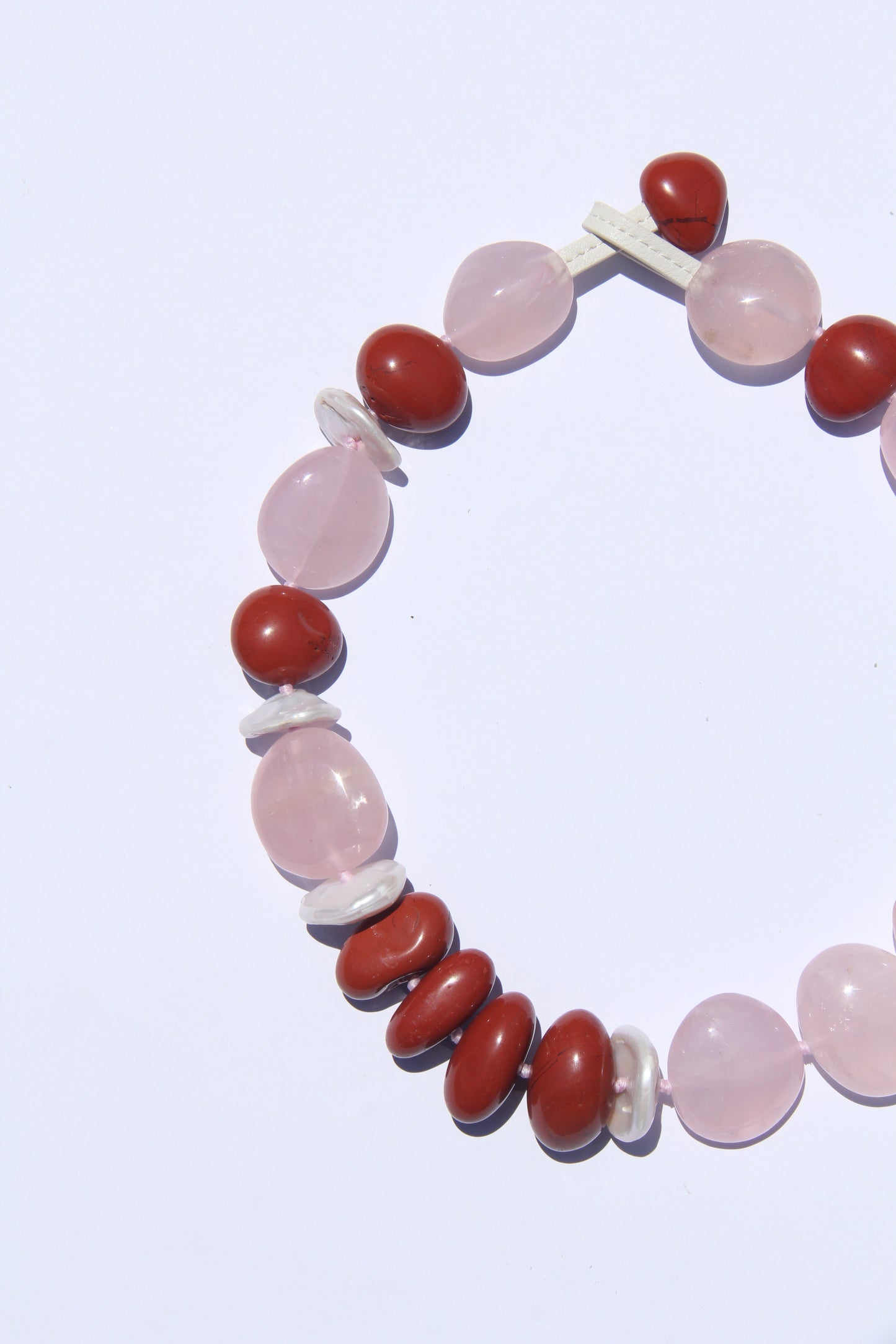 Necklace: red jasper stone, rose quartz, pearls