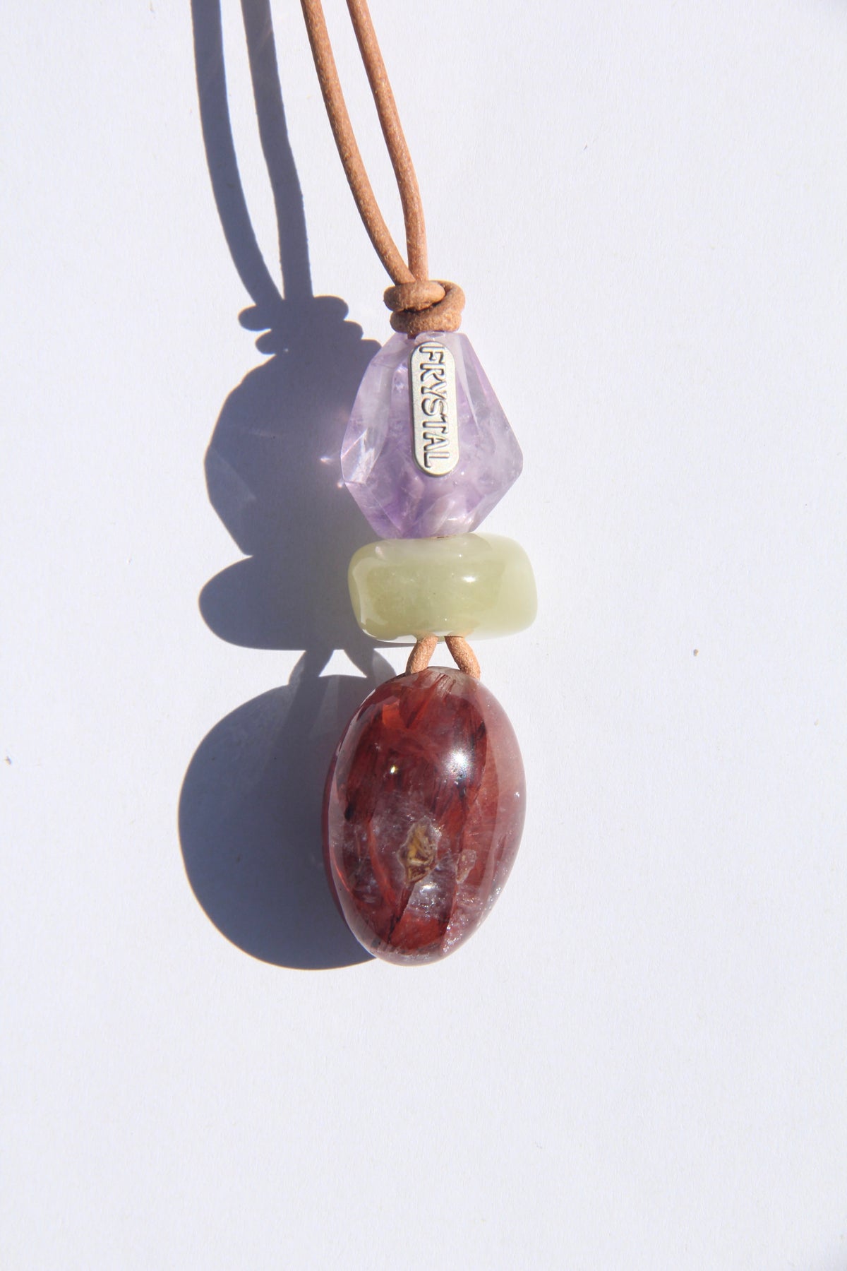 Necklace: amethyst, morganite, hematoid quartz