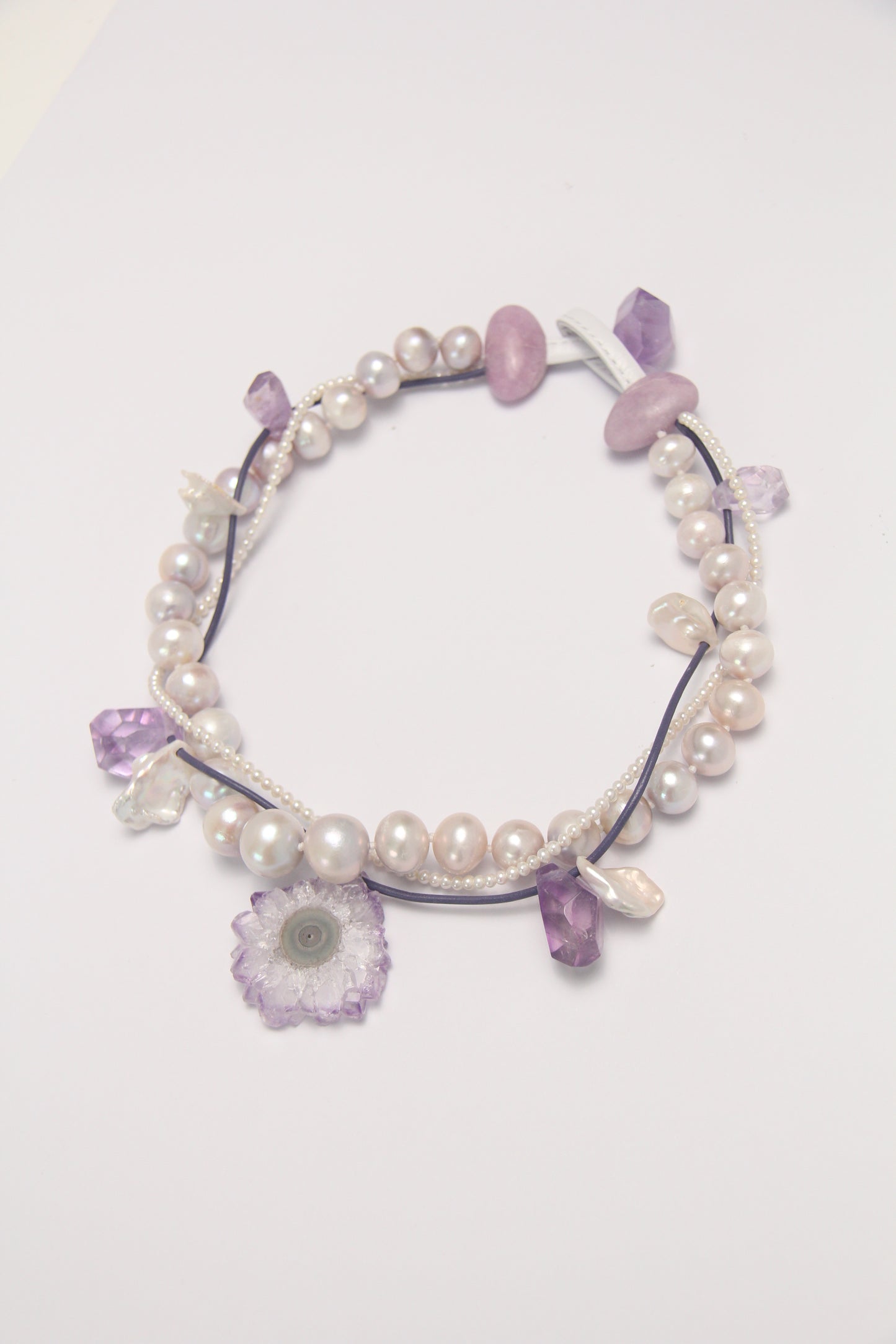 Necklace:  amethyst stalactite flower flat slice, amethyst, pearls