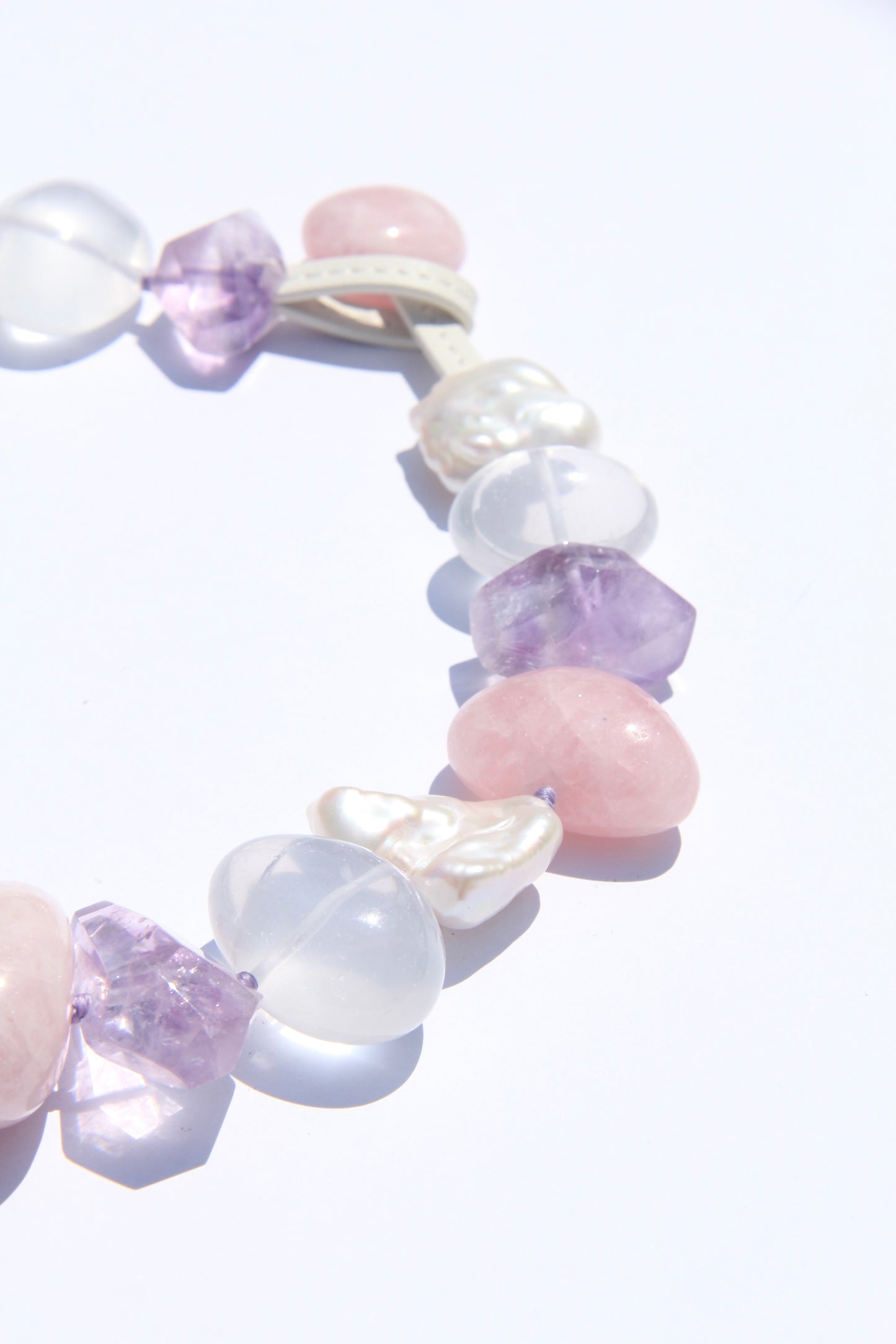 Necklace: morganite, quartz, amethyst, pearls