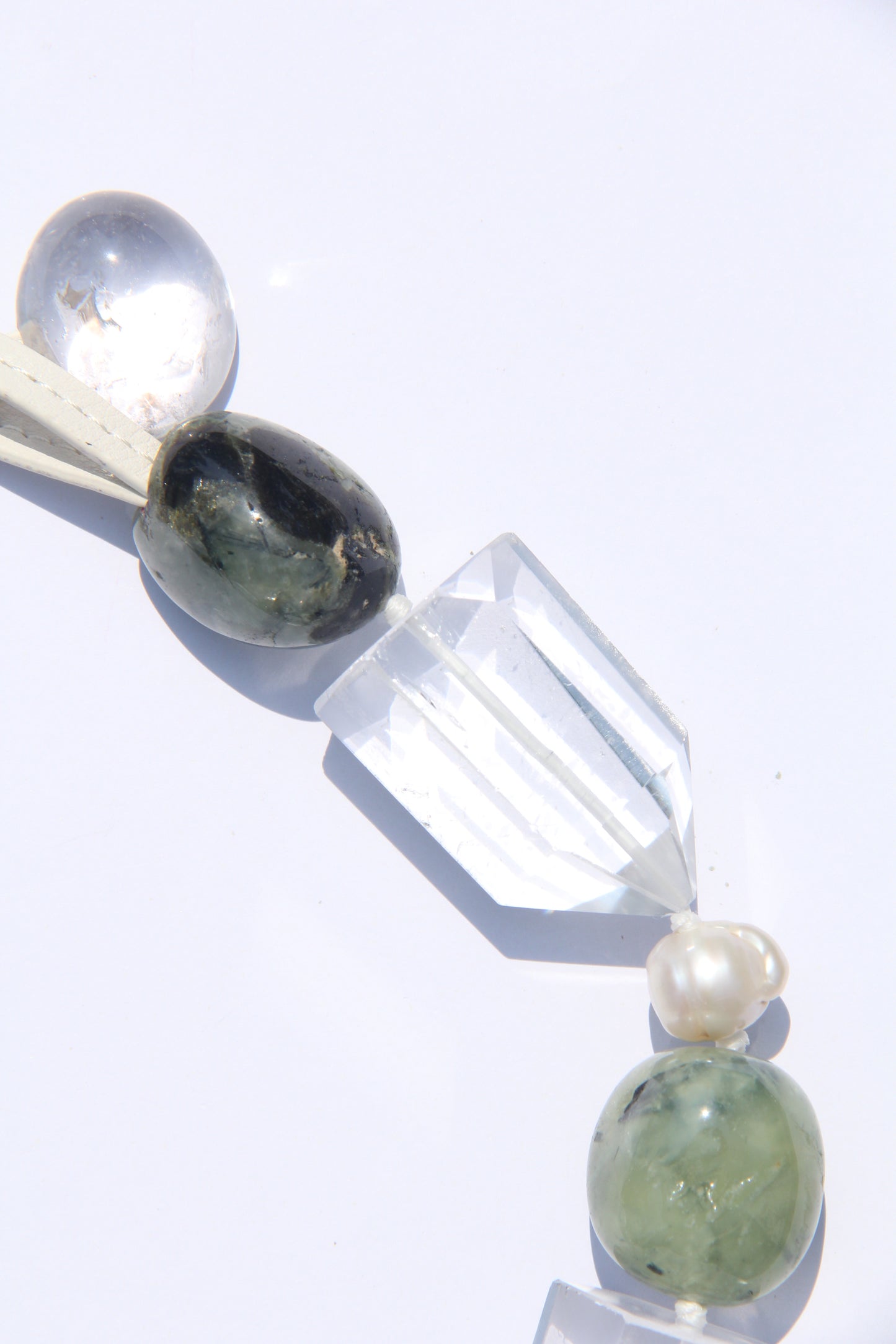 Necklace: quartz, pearl, prehnite