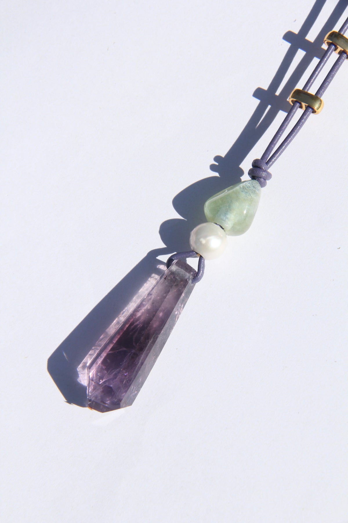 Necklace: morganite, pearl, amethyst