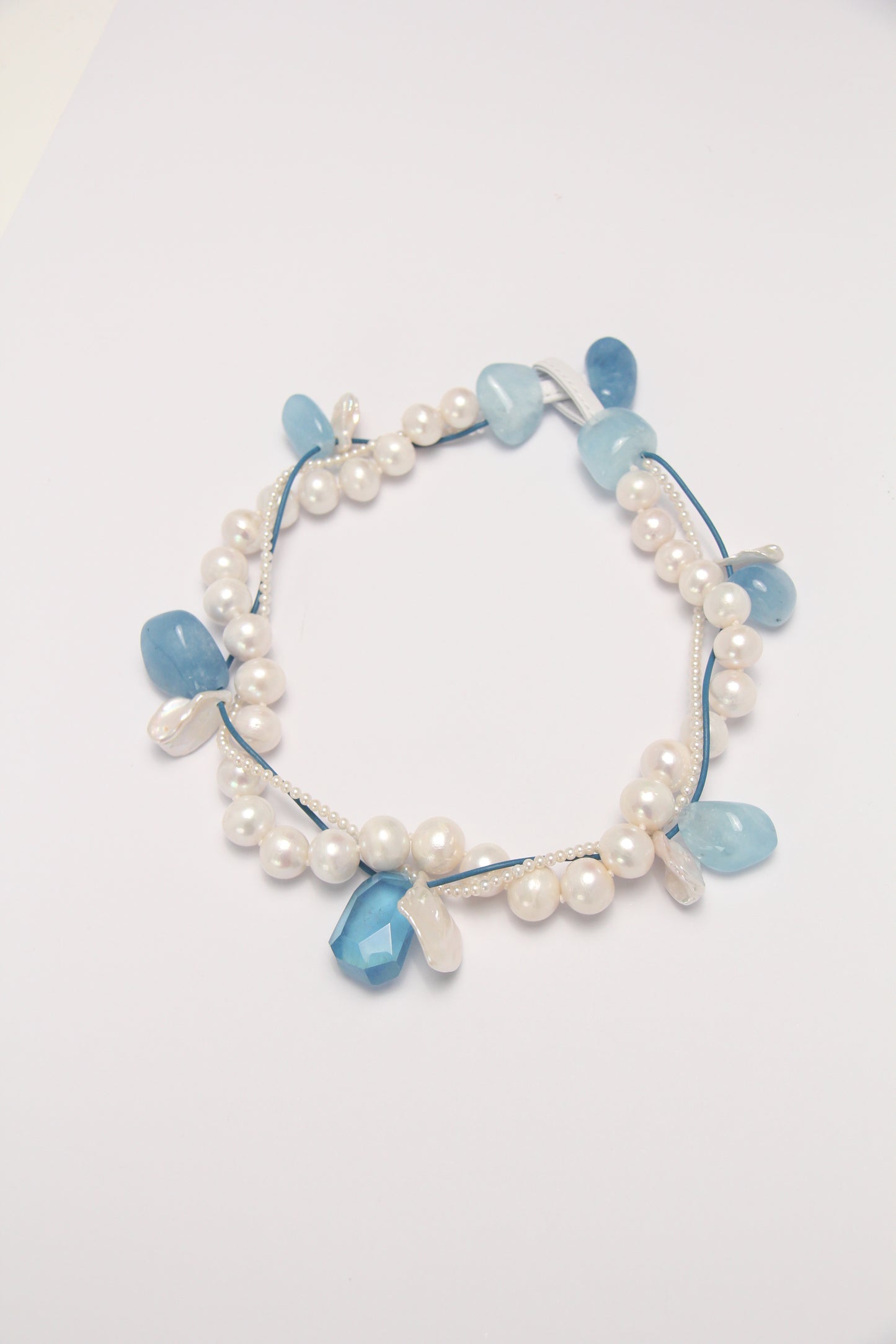 Necklace: aquamarine, morganite, pearls