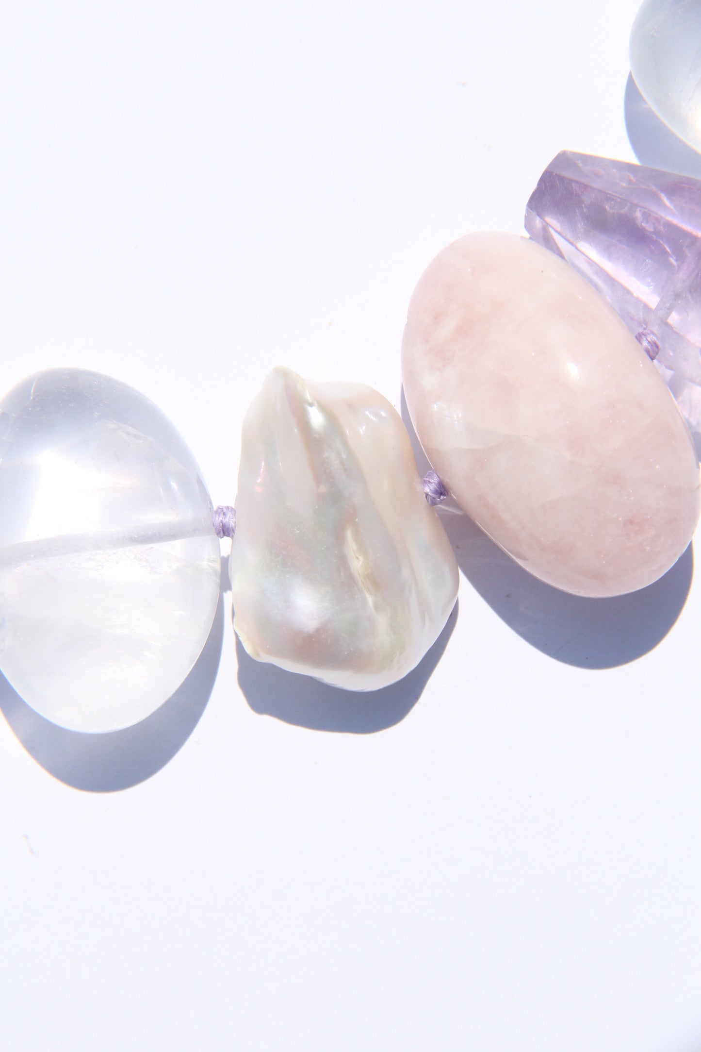Necklace: morganite, quartz, amethyst, pearls