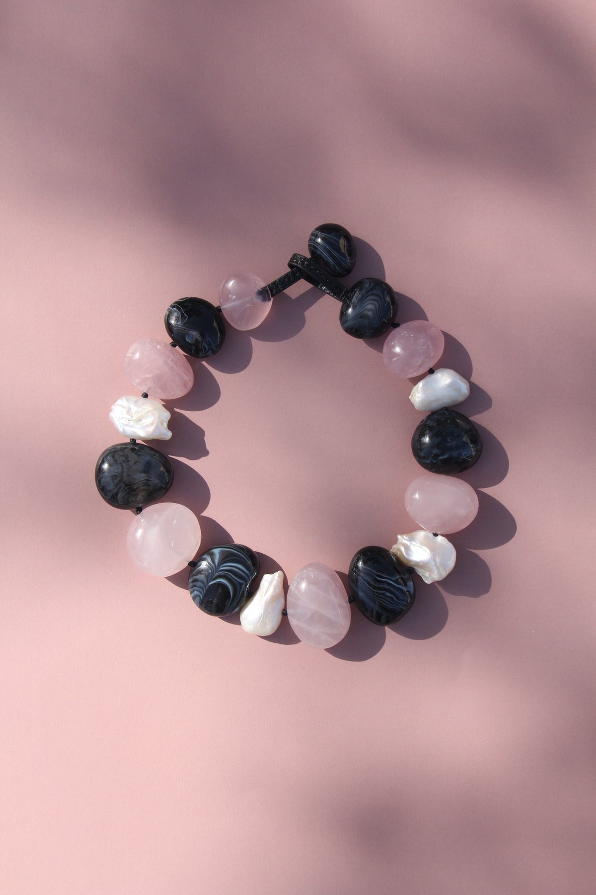 Necklace: sardonyx, pearls, rose quartz