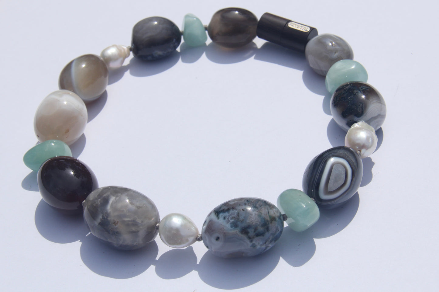 Necklace: persian agate, morganite, pearls