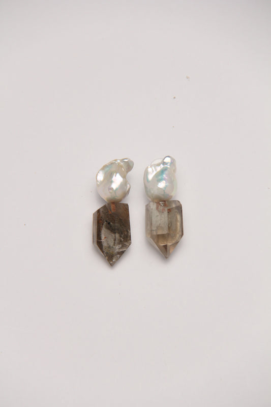 Earrings: pearls, phantom quartz