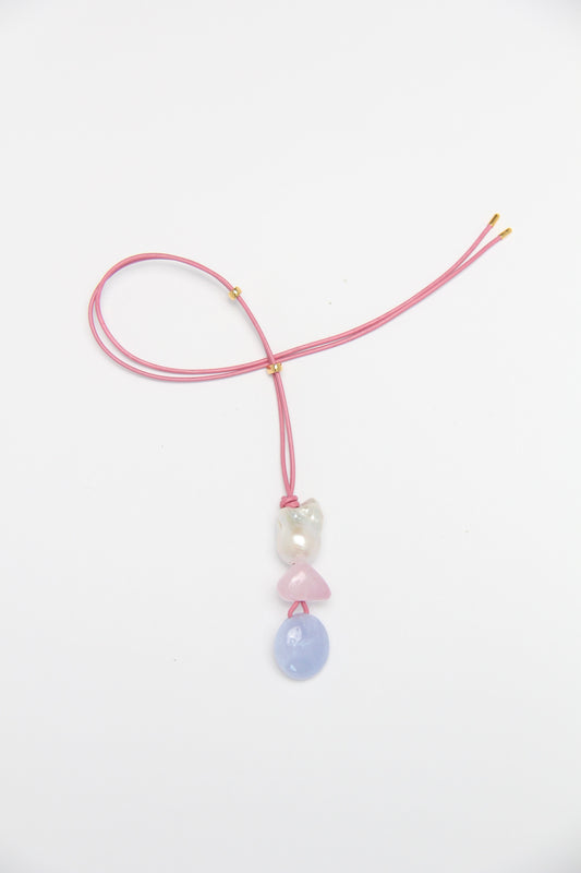 Pendant: pearl, morganite, blue lace agate
